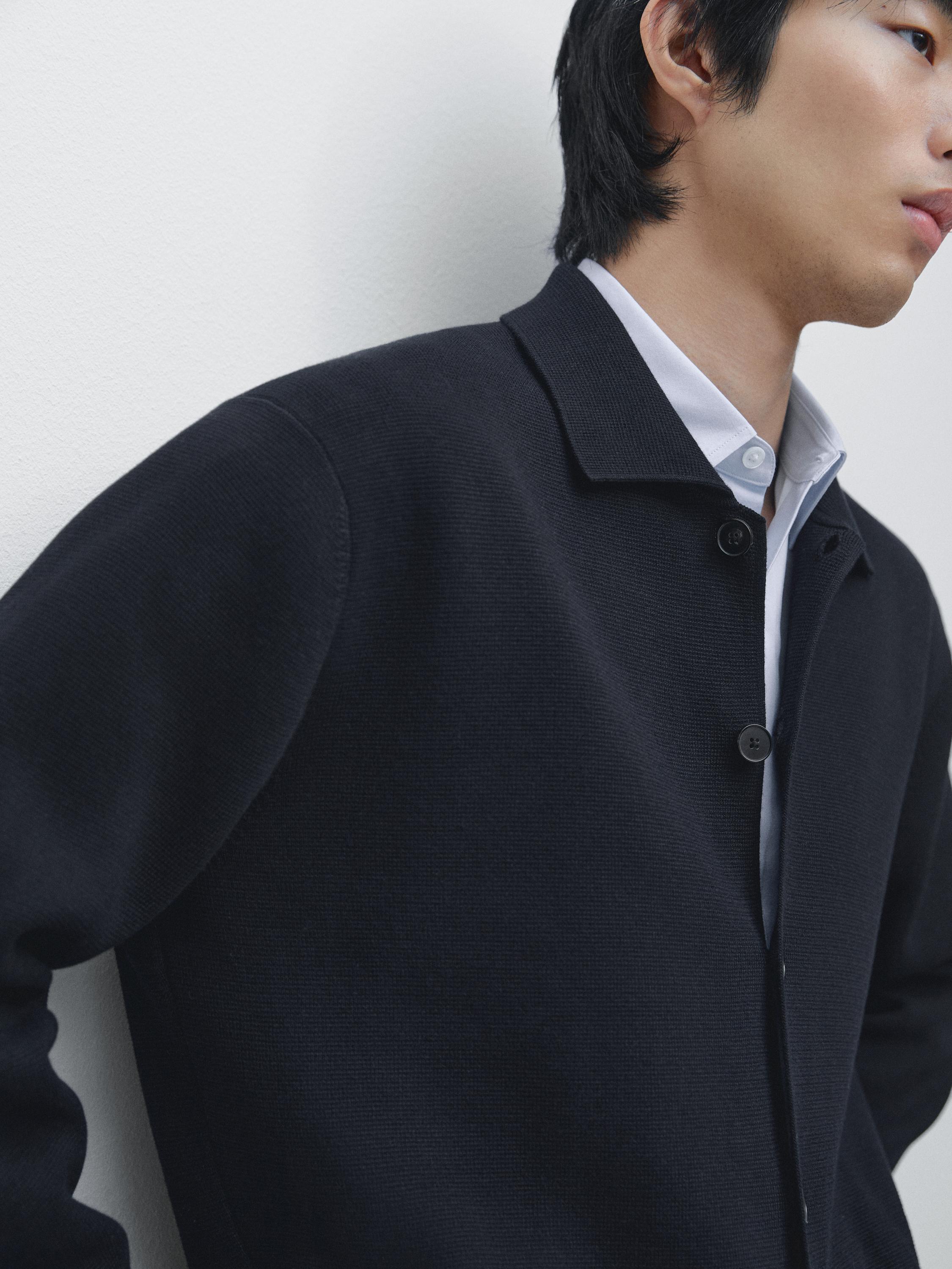 100% cotton knit cardigan with polo collar — NAVY BLUE