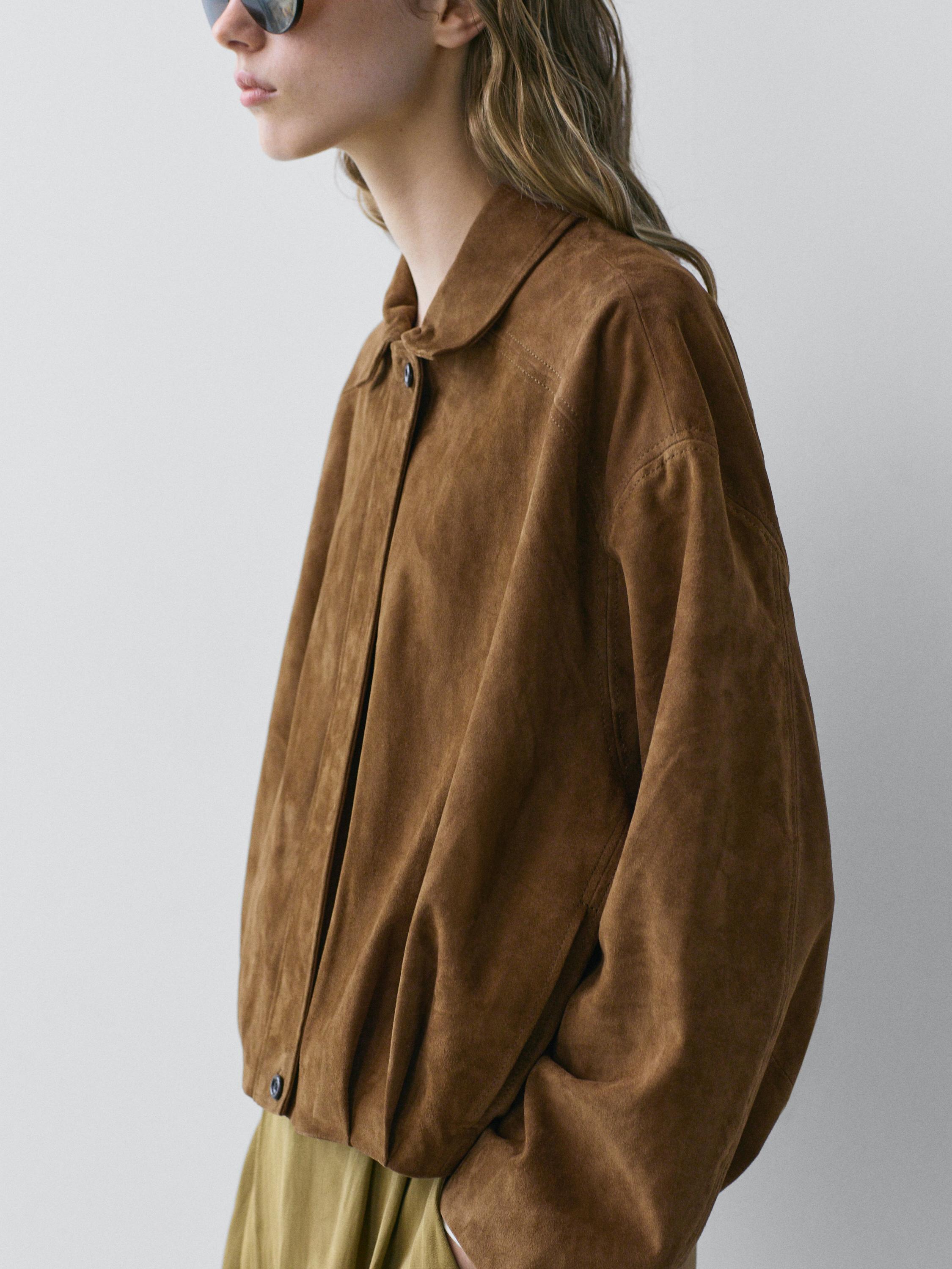 Short suede leather bomber jacket — BROWN