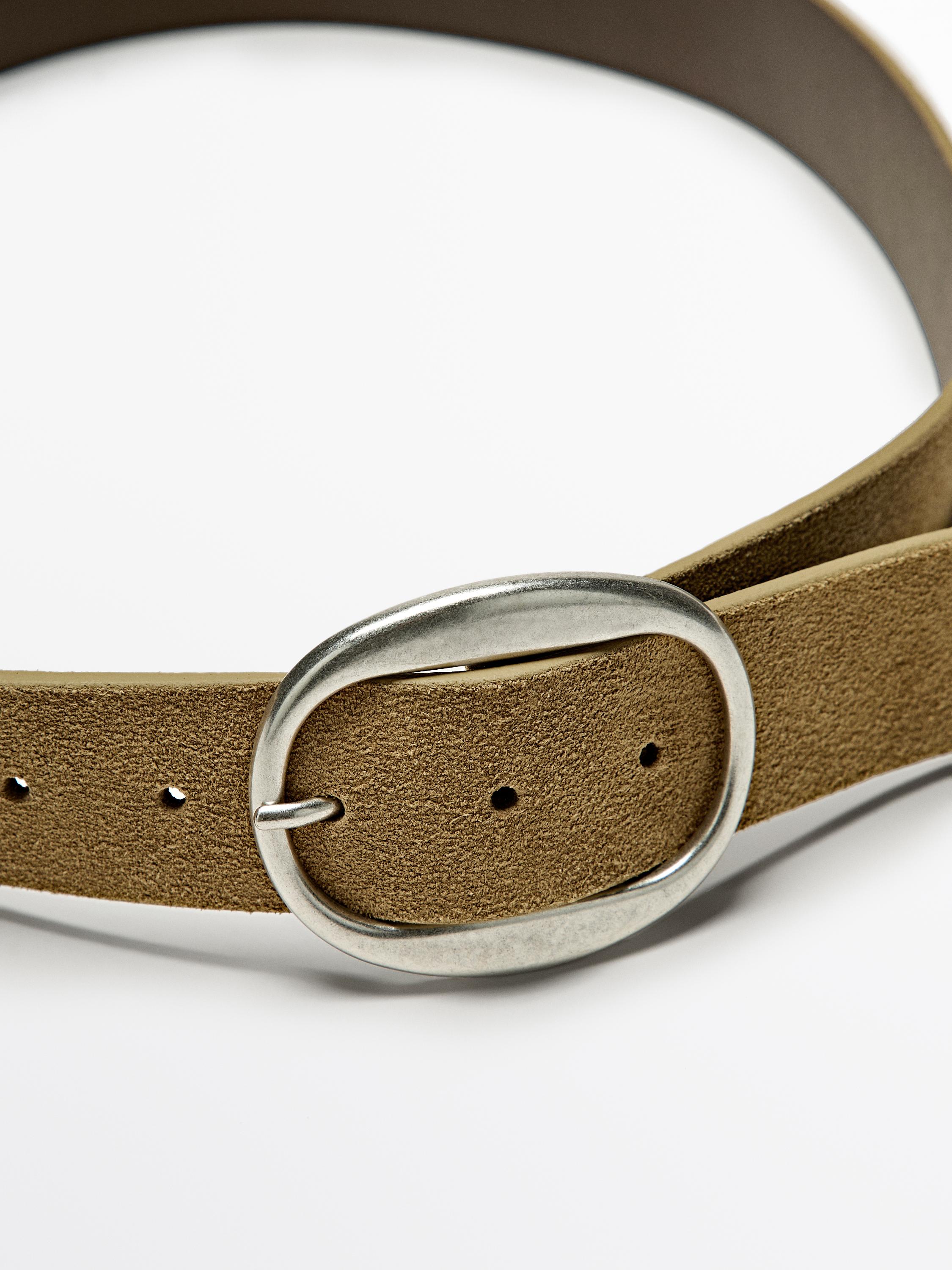 Split suede leather belt with oval buckle — SAND