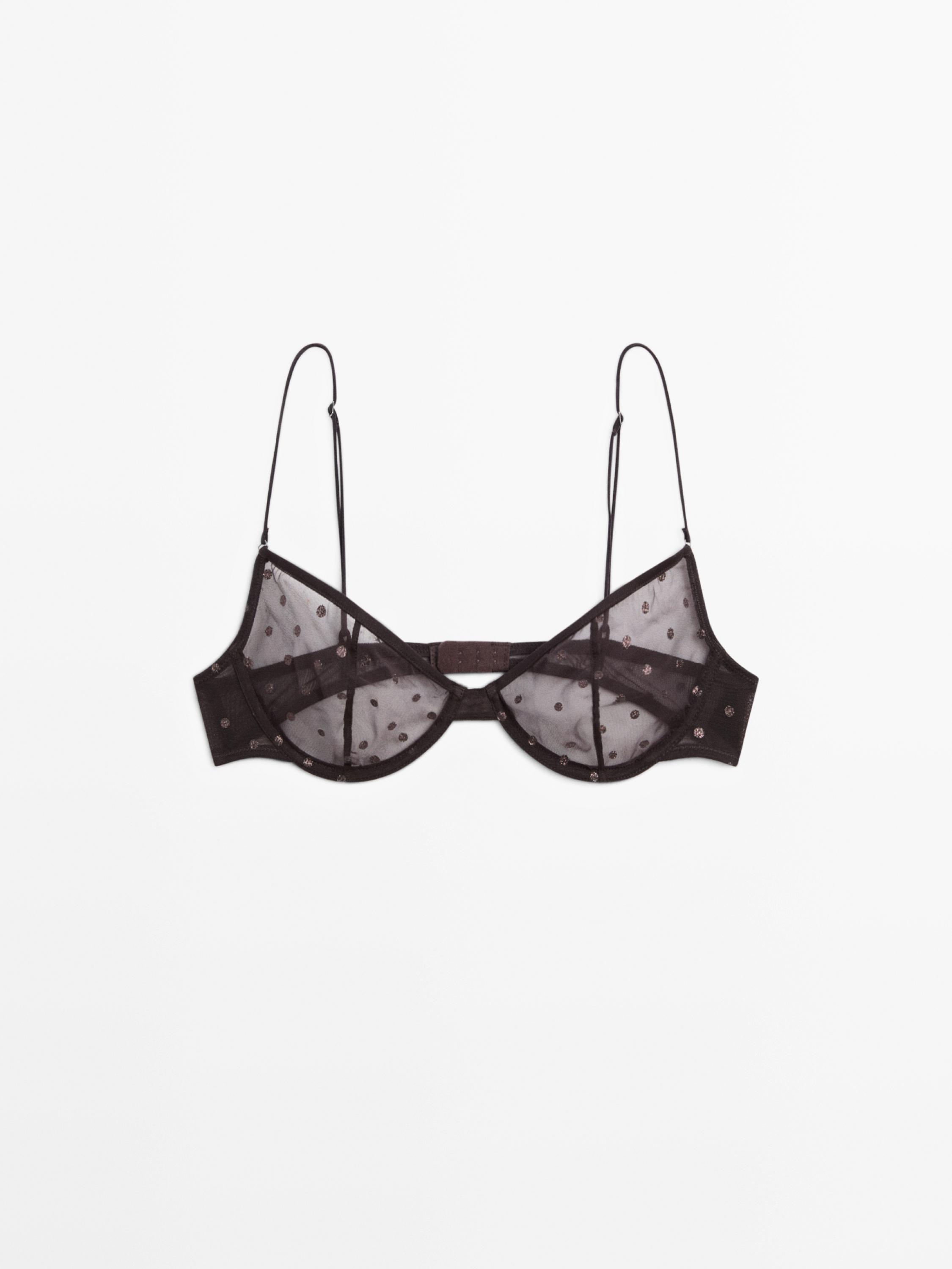 Sujetador marroi-grisaxkaren aurrealdeko ikuspegia, tirante finekin eta luneta-estanpatuarekin.