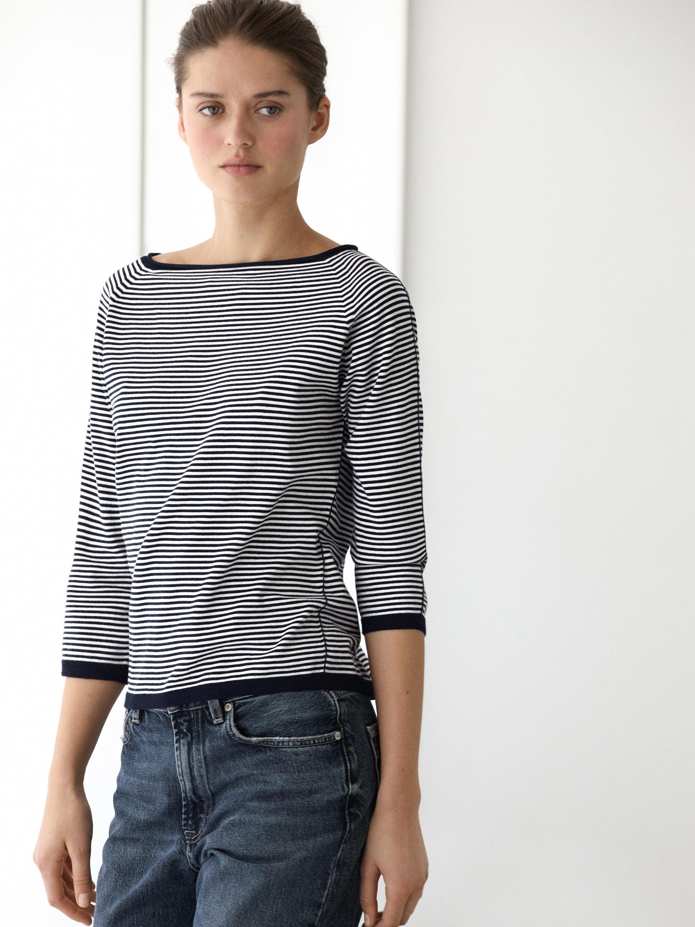 100% cotton striped knit sweater — NAVY BLUE