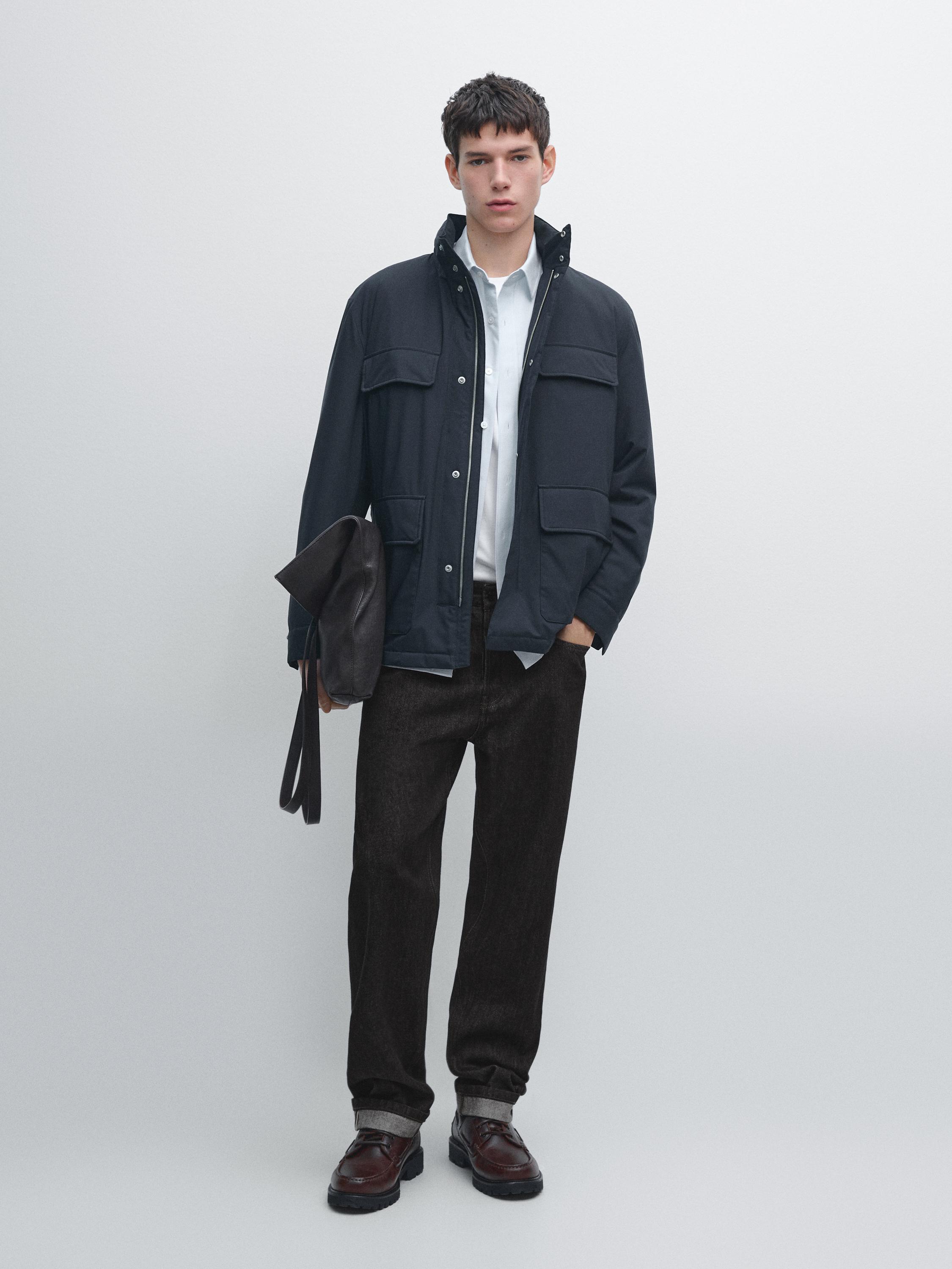 Water-repellent puffer jacket with pockets — NAVY BLUE
