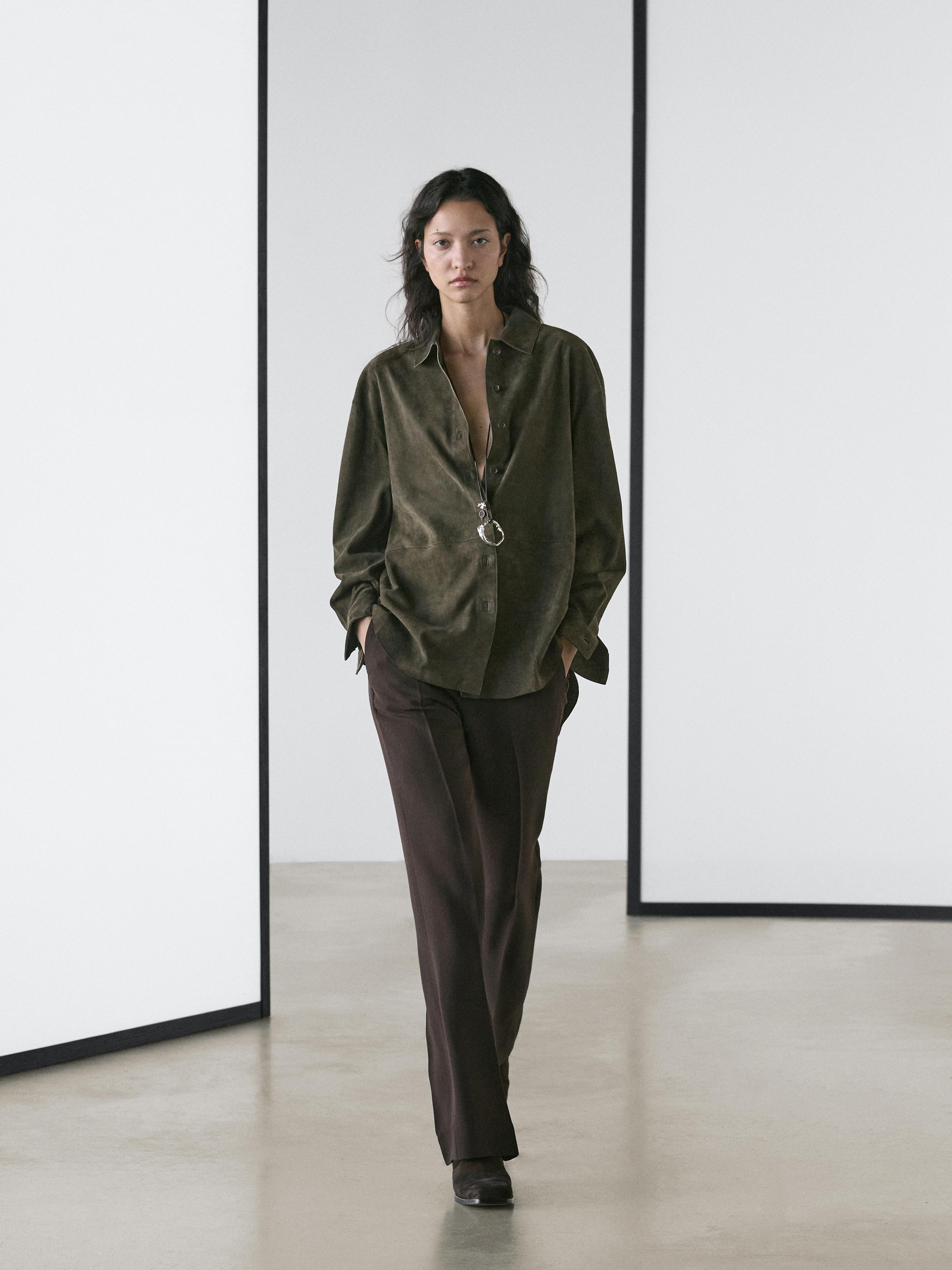 Suede leather shirt with seams