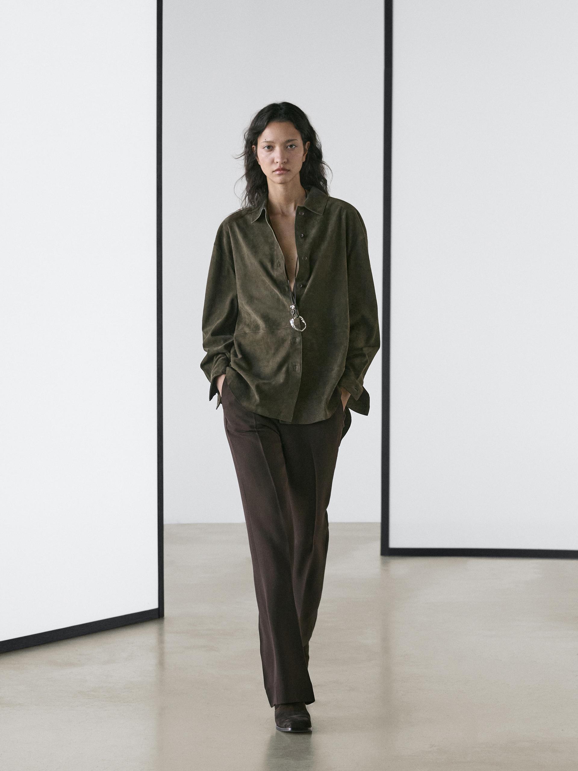 Massimo Dutti Suede Leather Shirt With Seams In Green