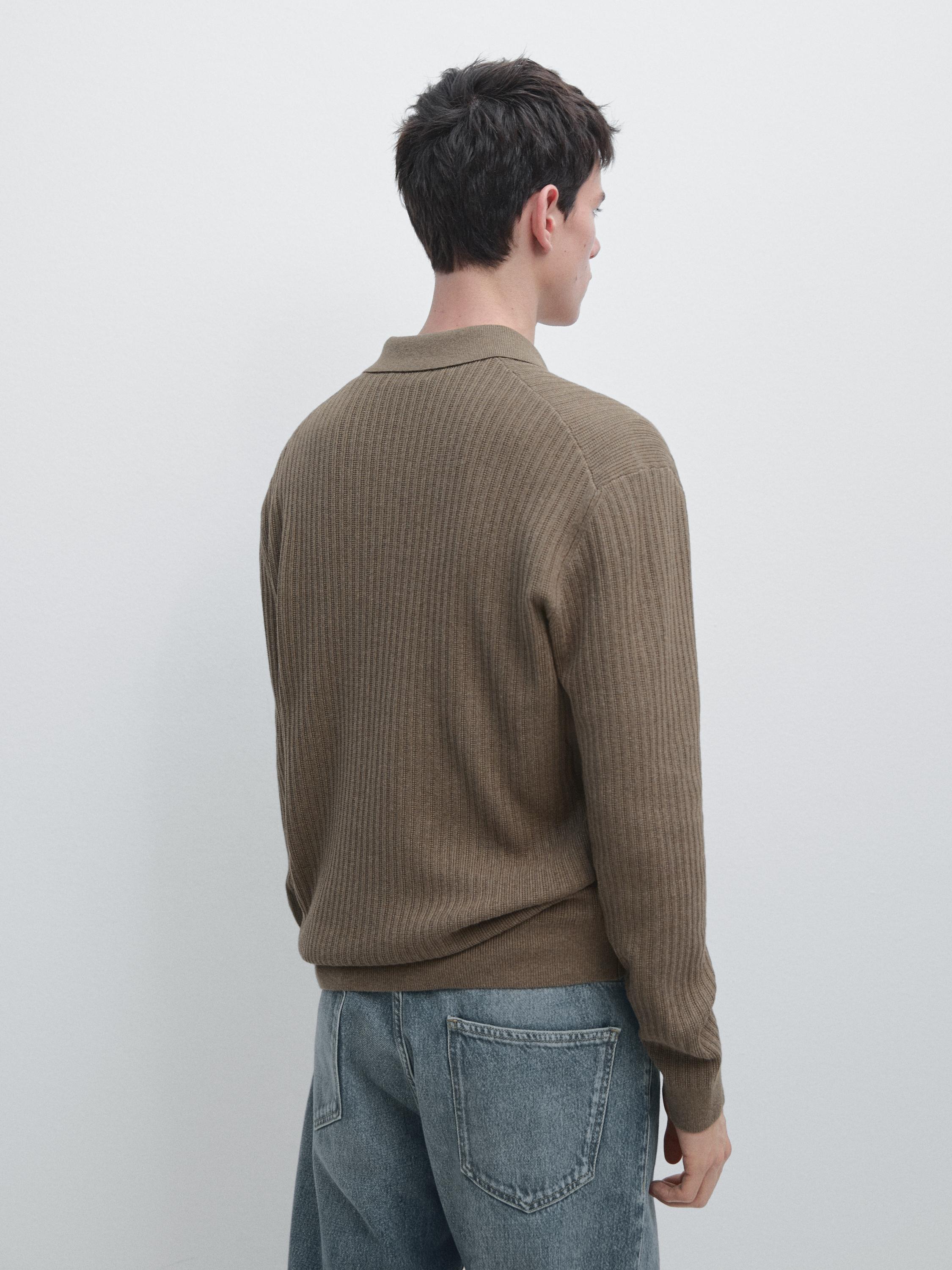 Cotton blend knit polo sweater — KHAKI
