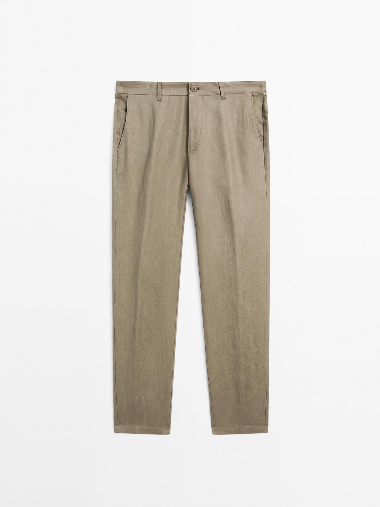 Massimo Dutti - Herre - Tapered Fit Bukser I 100 % Hør - Grøn - 40