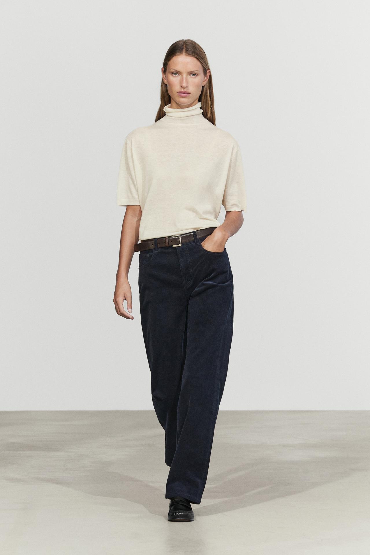 Mid-waist slim straight needlecord pants — NAVY BLUE