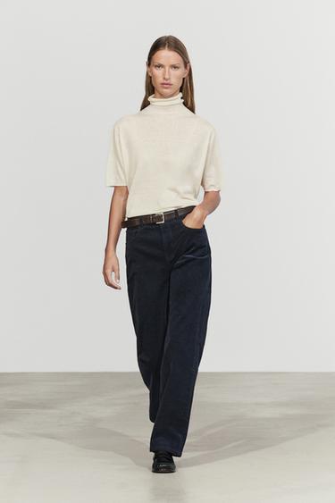 Mid-waist slim straight needlecord pants — NAVY BLUE 1