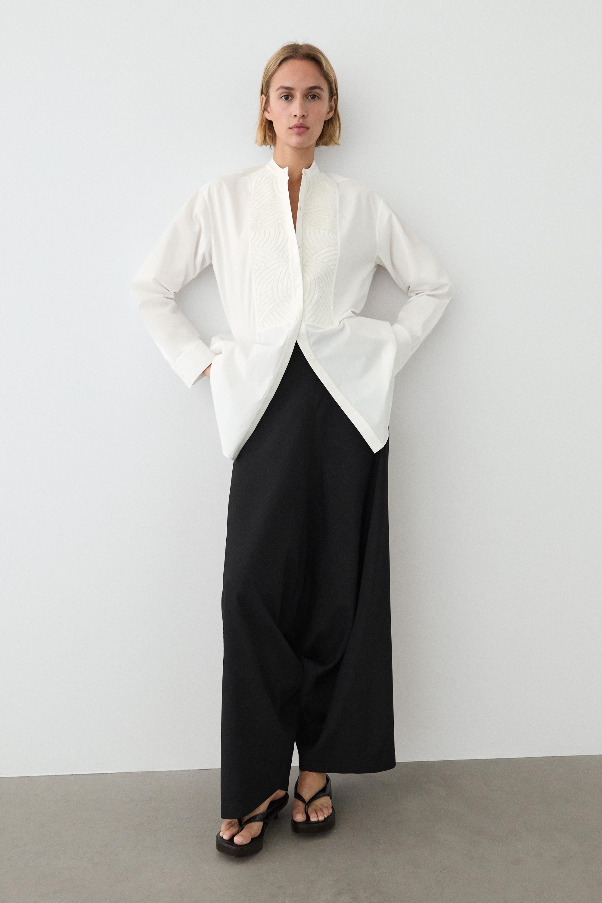100% cotton poplin shirt with embroidered bib — WHITE