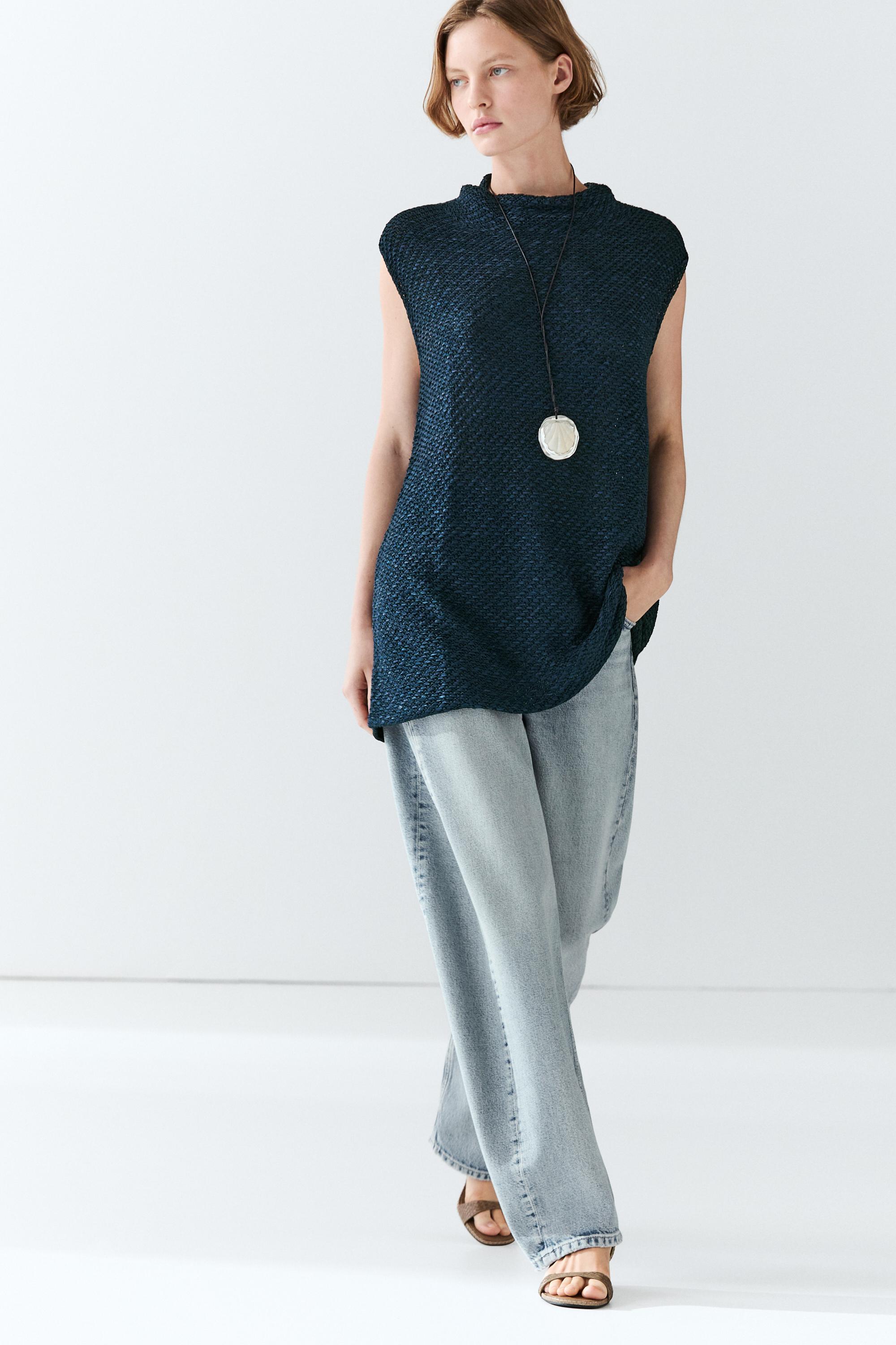 Cotton blend roll neck top — Dark Blue