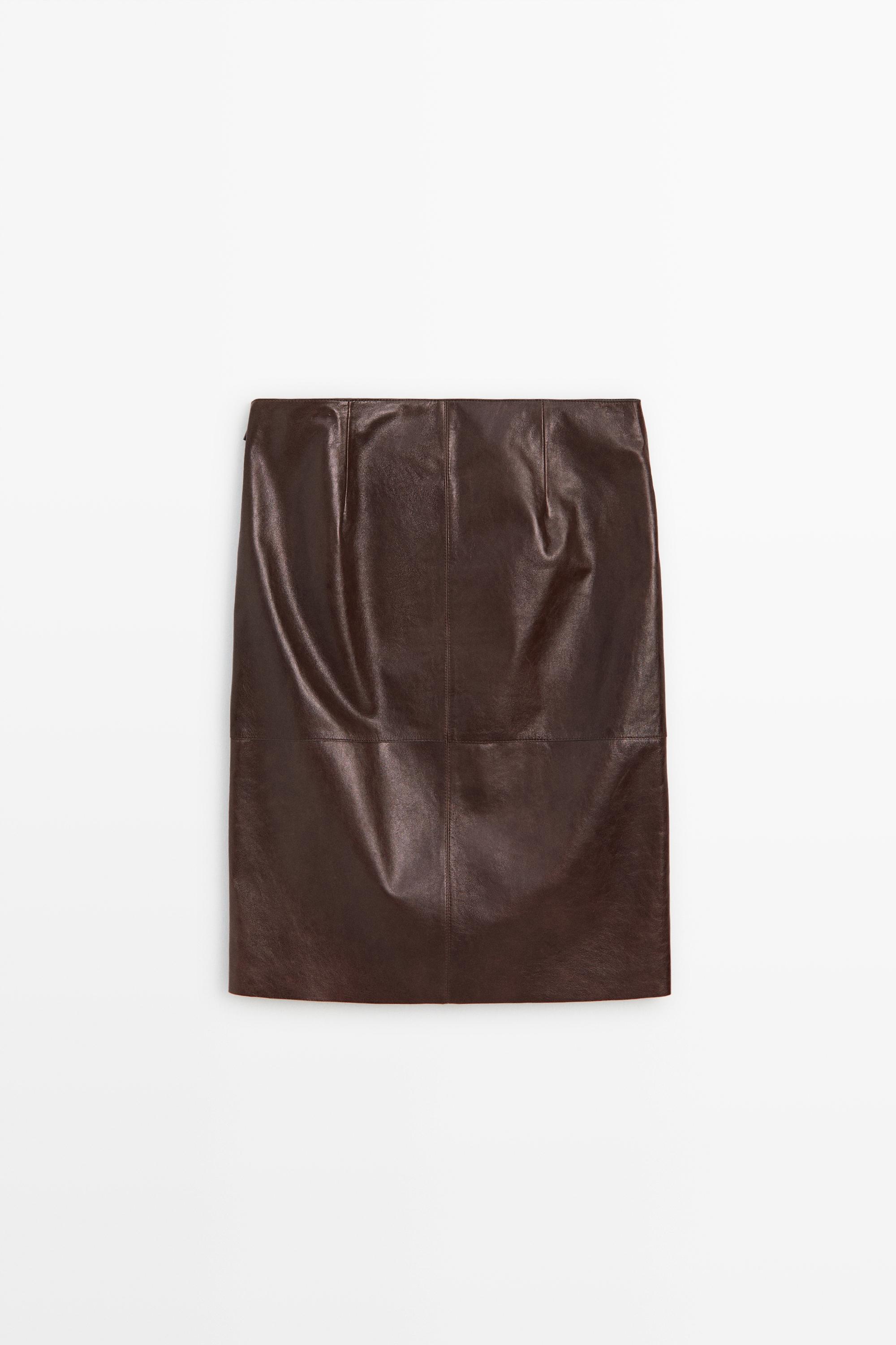 Leather midi skirt with pockets — Chocolate