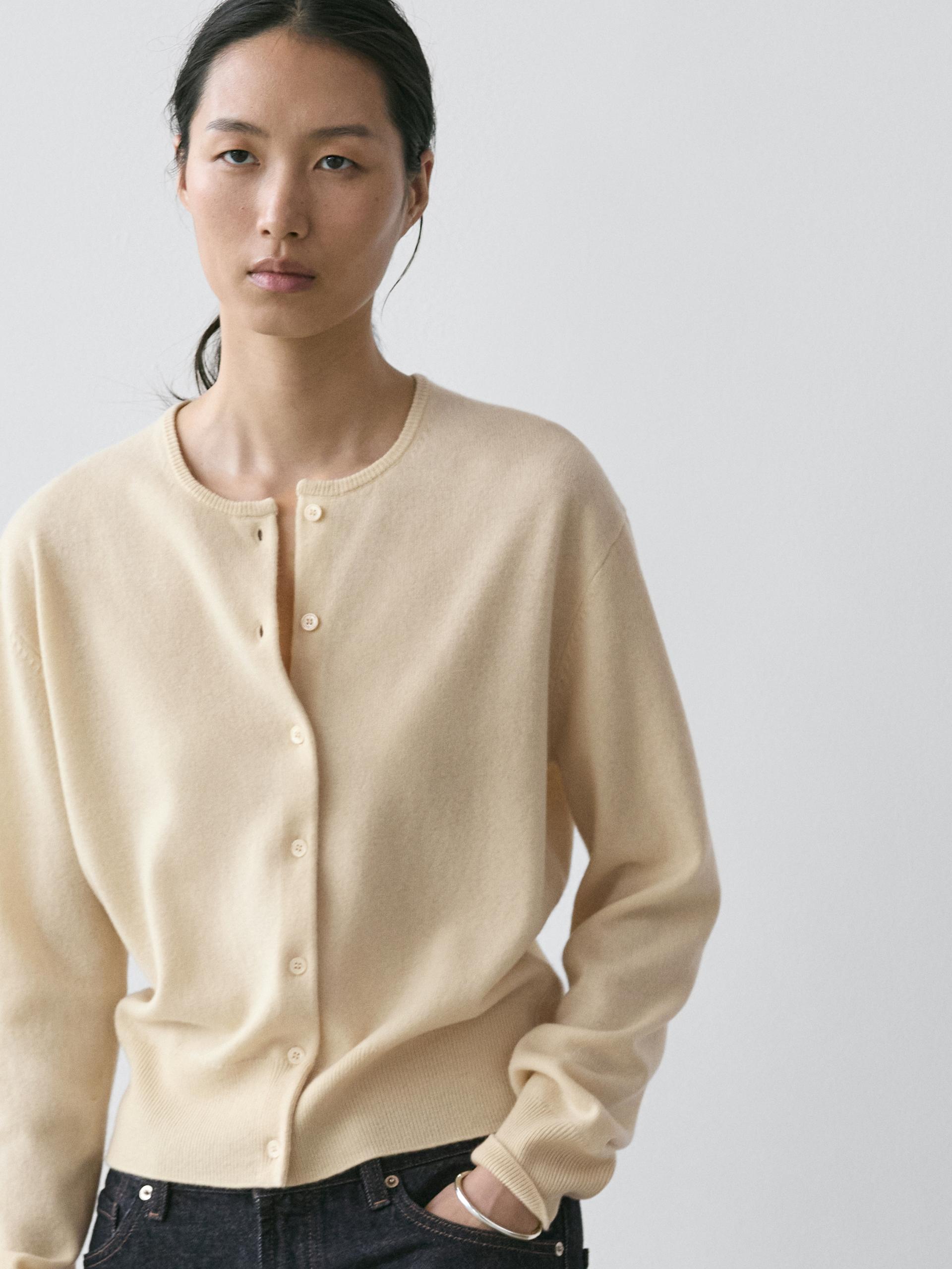 Cardigan In Maglia Di Lana Con Collo Rotondo - Vaniglia - L - Massimo Dutti - Femminile