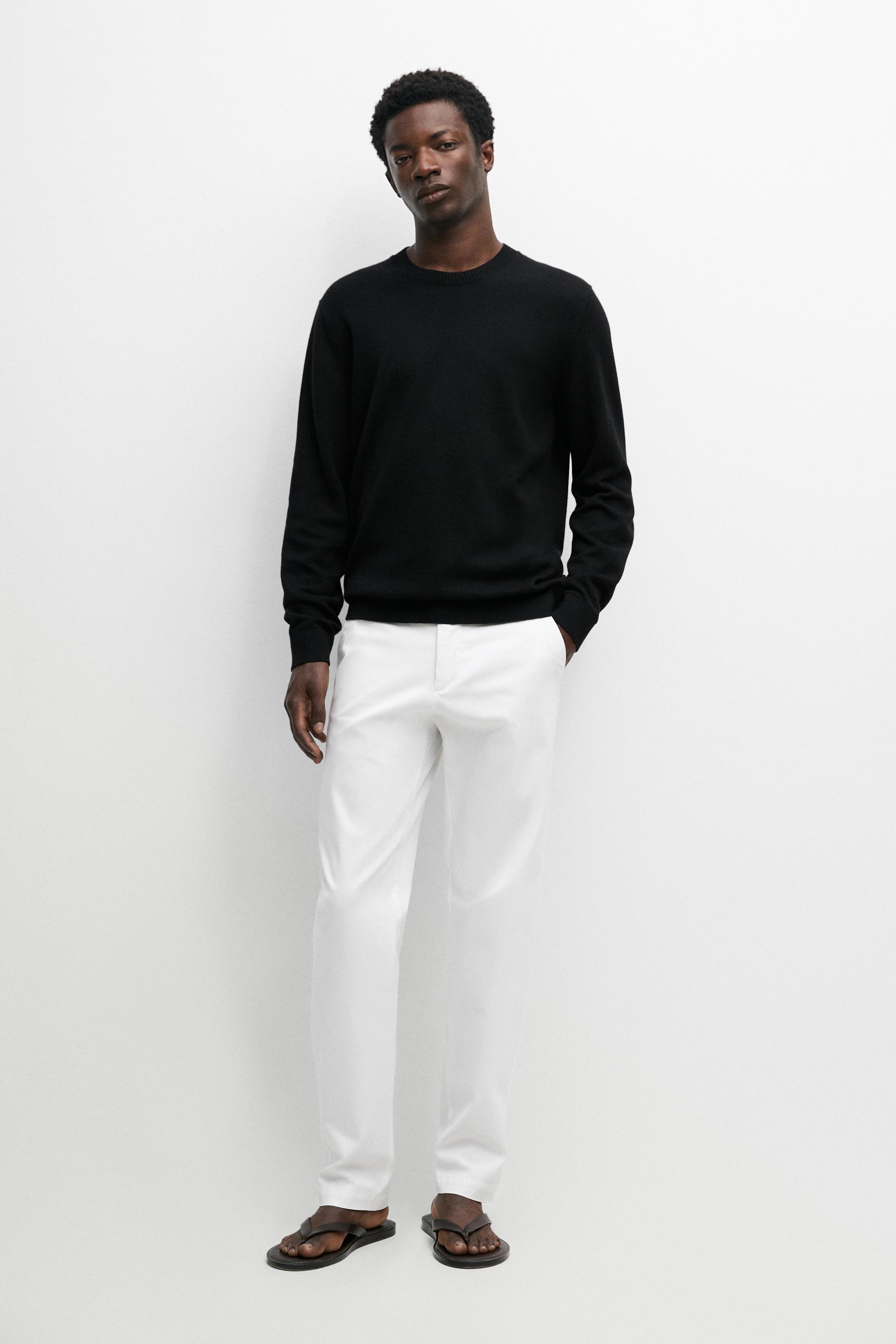 Knit cotton and wool sweater with crew neck — BLACK