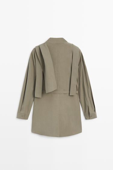 Long flowing cotton-blend blouse with belt — Greyish green 6
