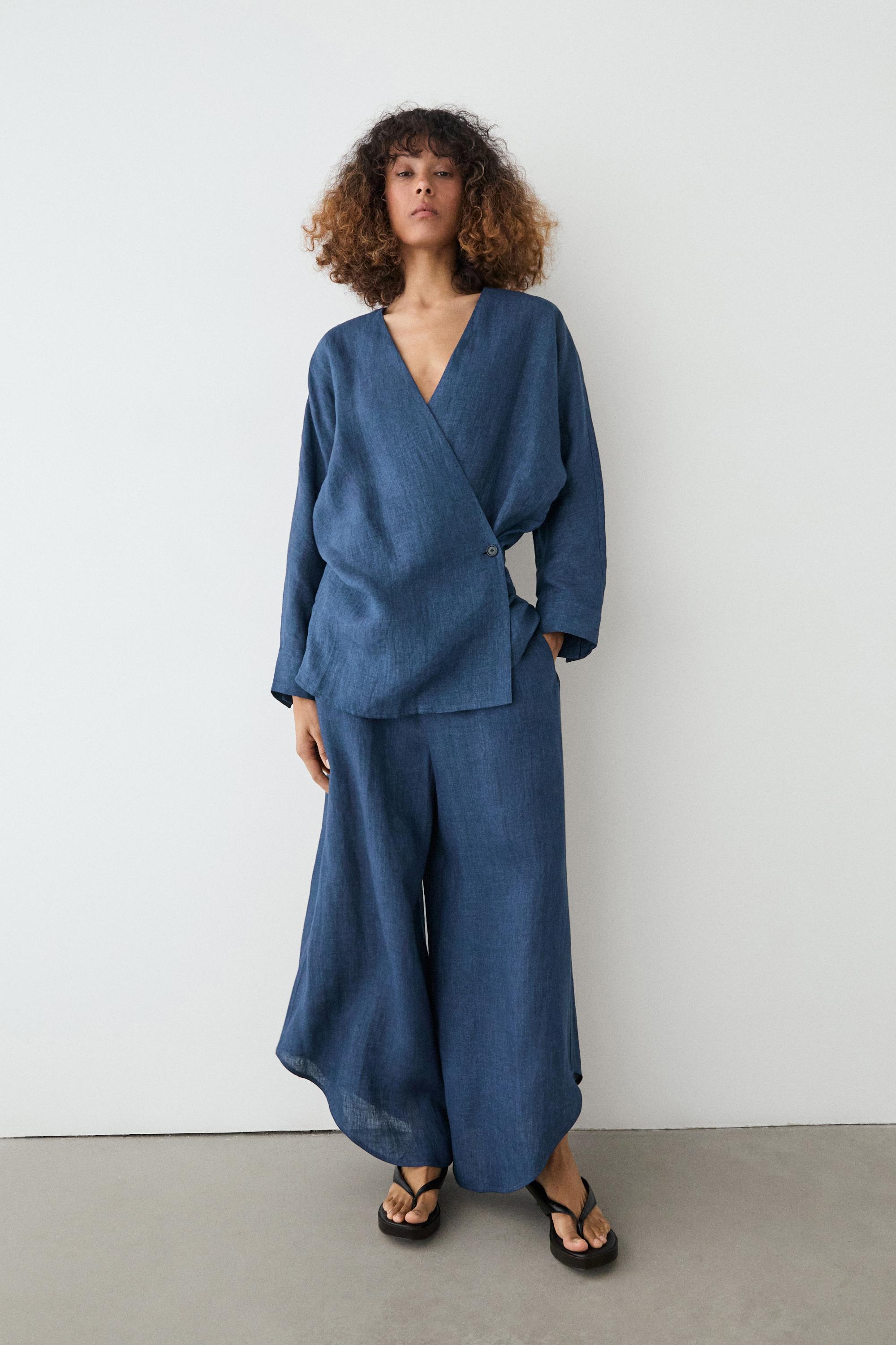 Linen total look denim-effect kimono — BLUE