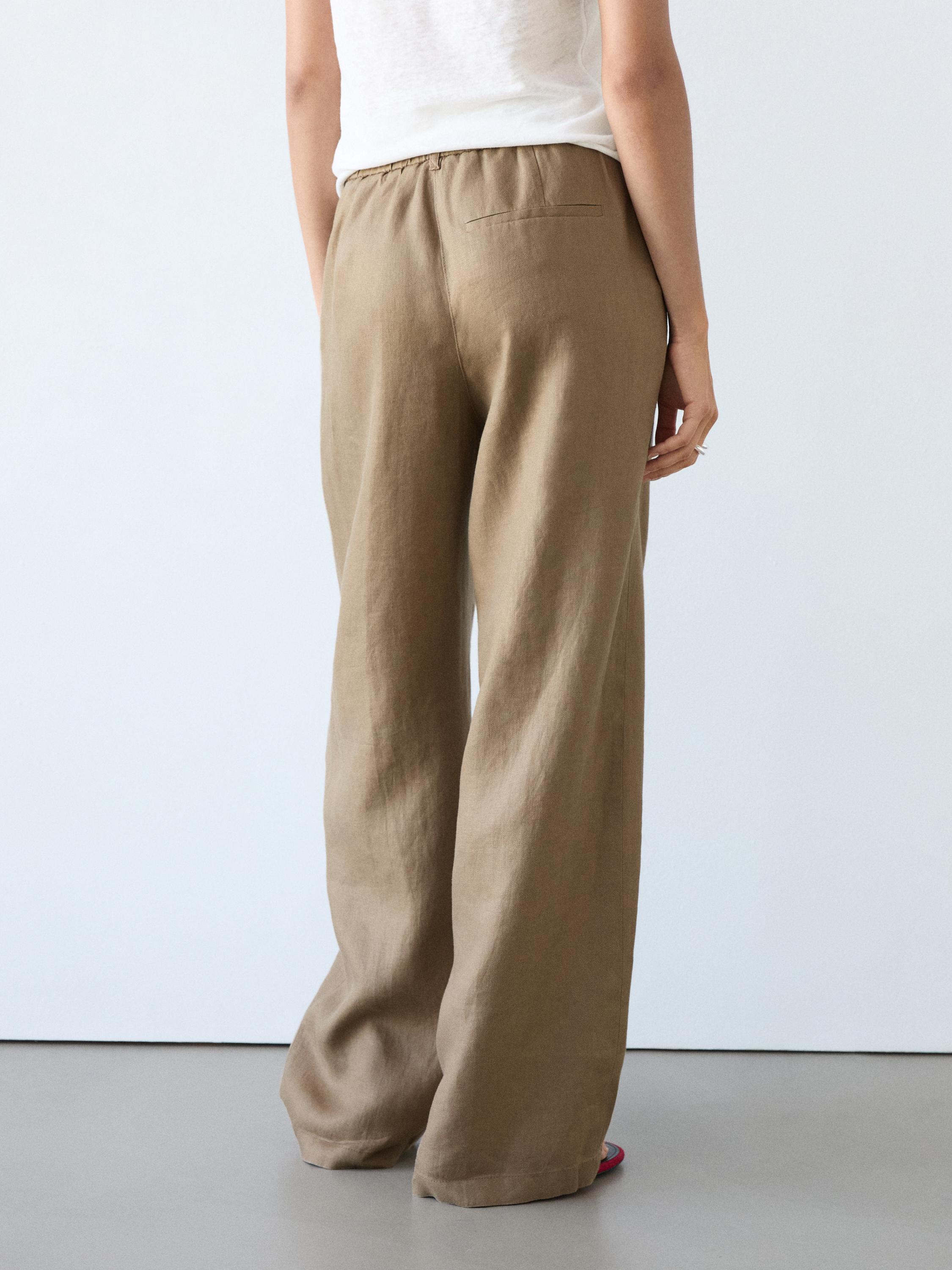 100% linen wide-leg elasticated trousers — PALE GREEN