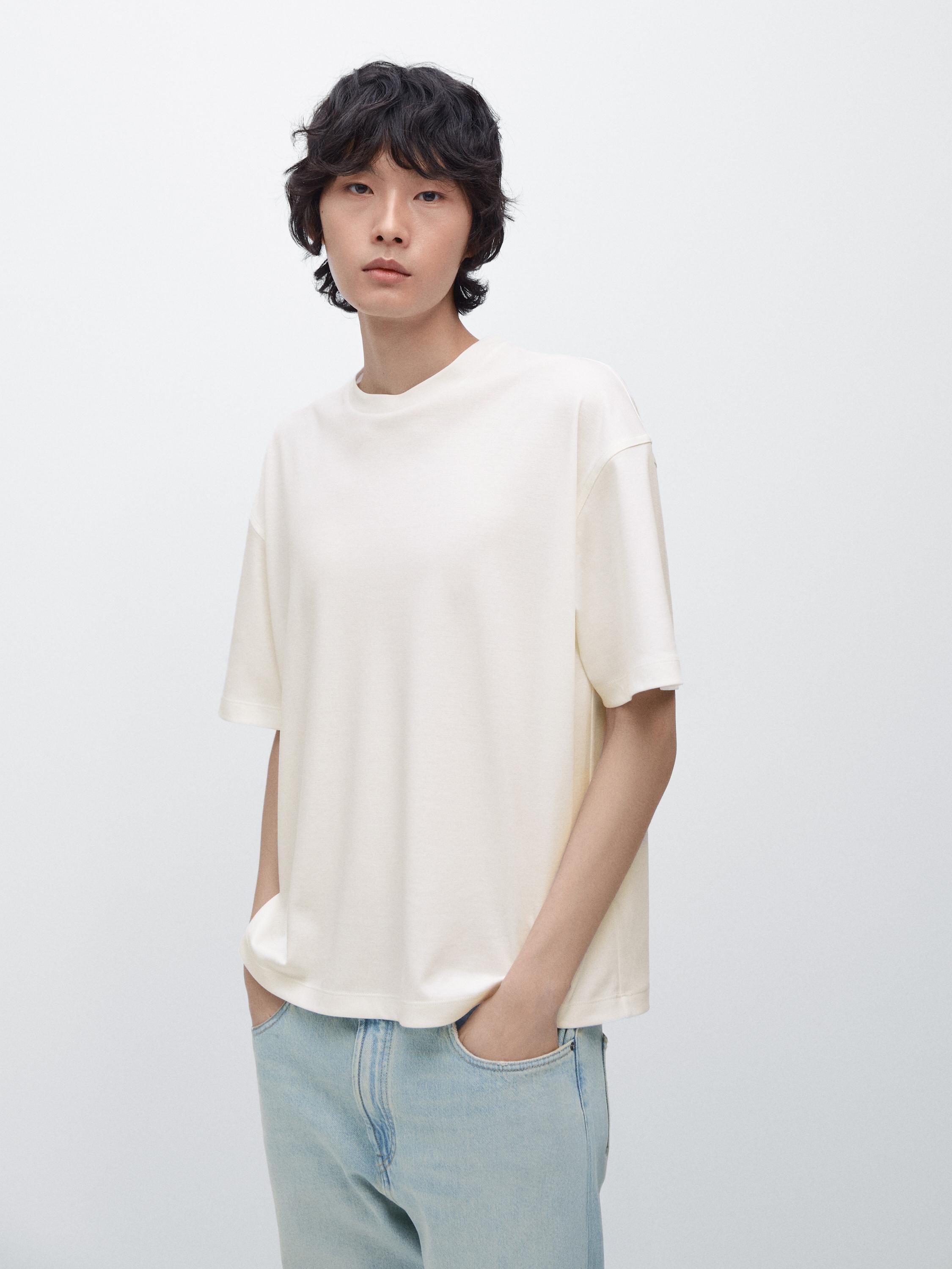 Boxy fit short sleeve cotton blend T-shirt — CREAM