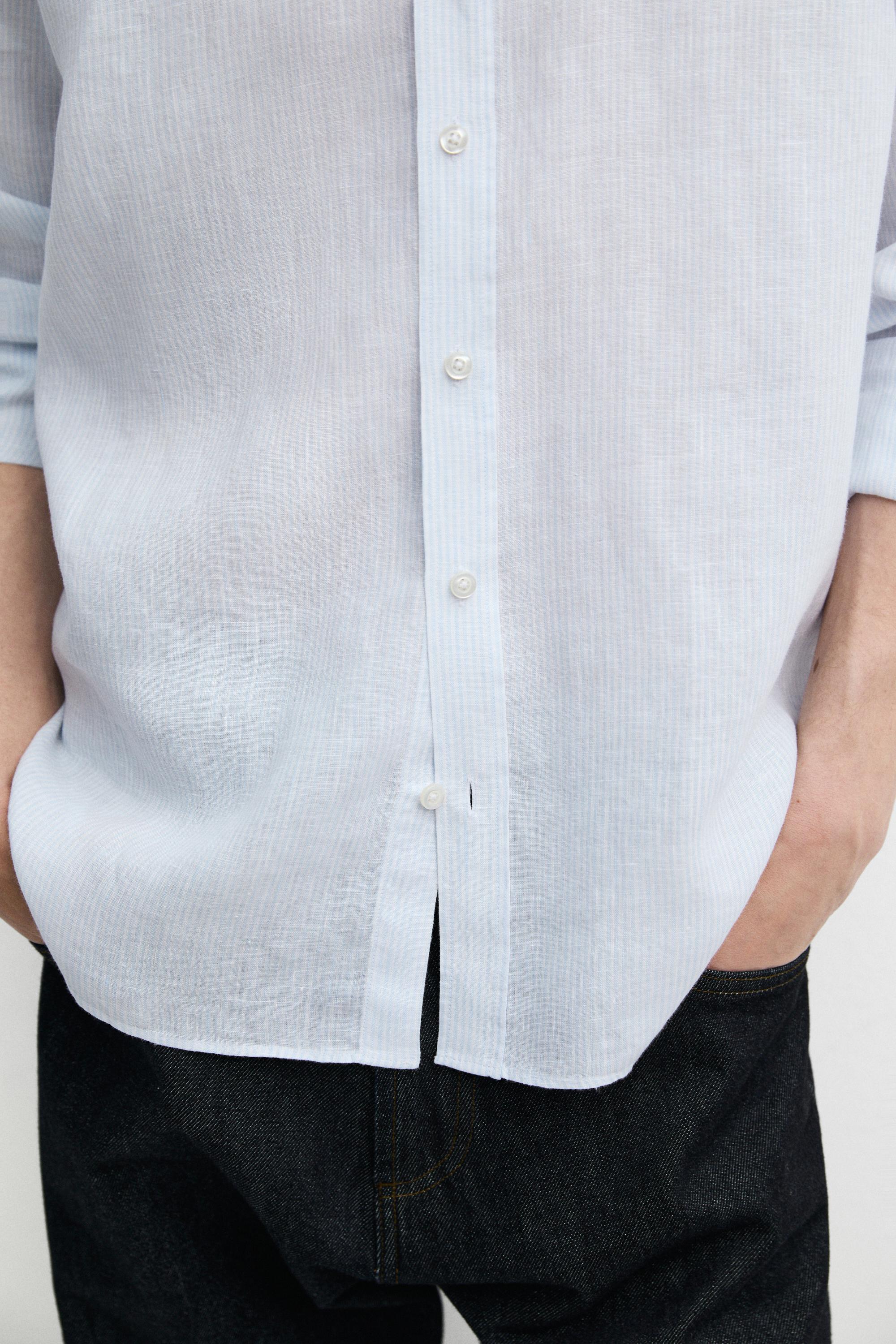 Striped slim fit linen shirt — Sky blue
