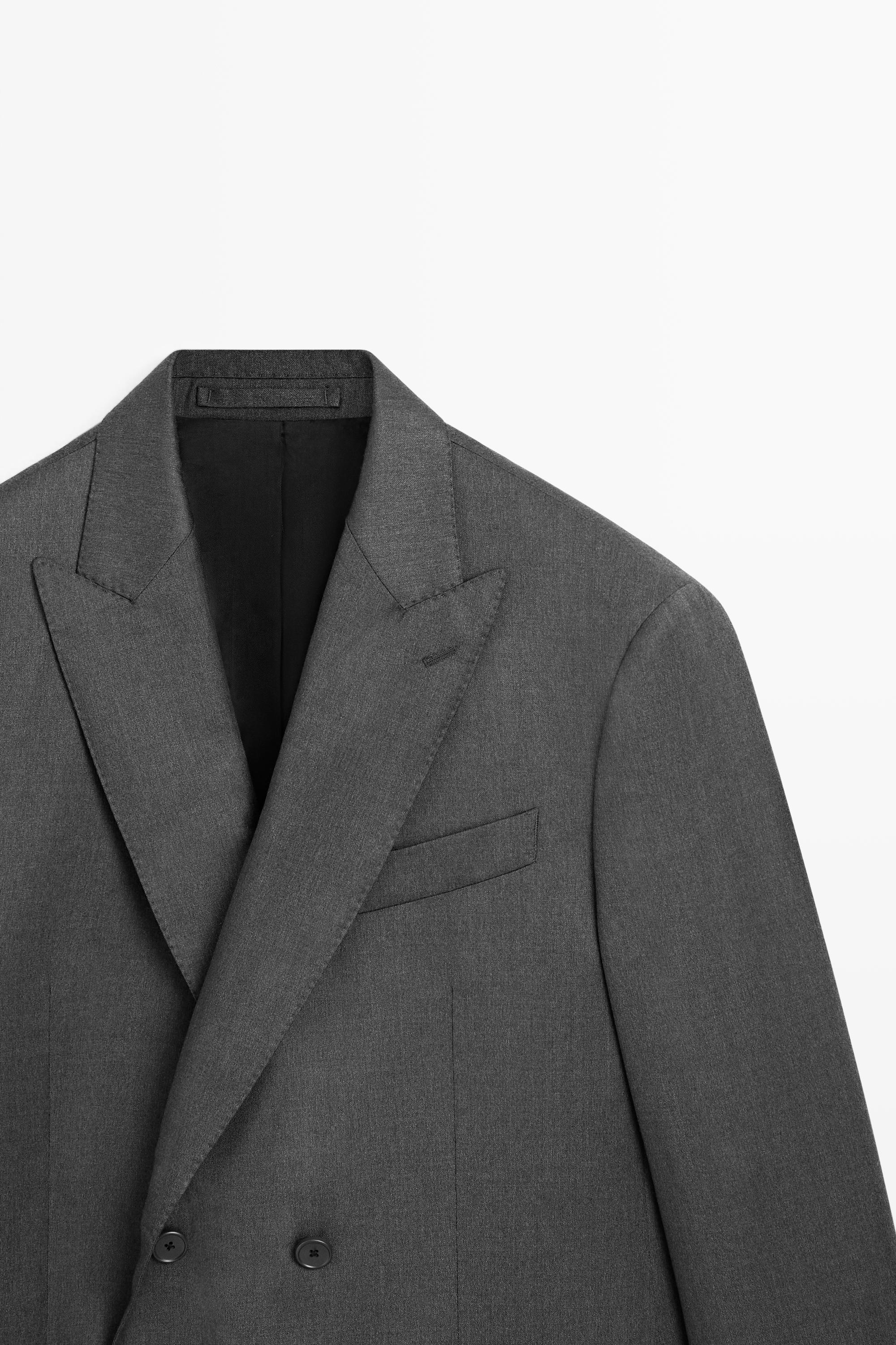 100% cool wool double-breasted suit blazer — GREY