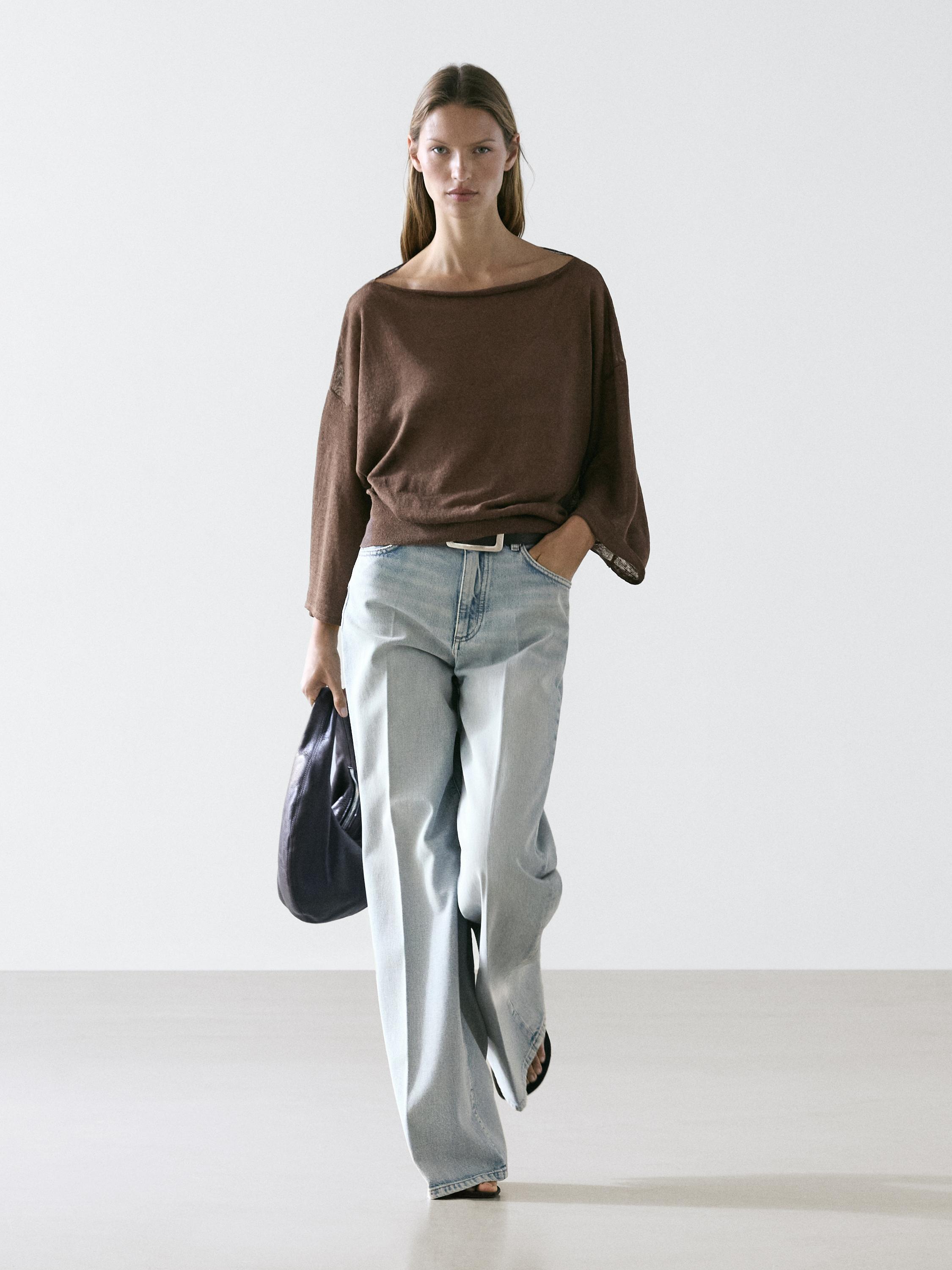 Linen knit boat neck T-shirt — BROWN