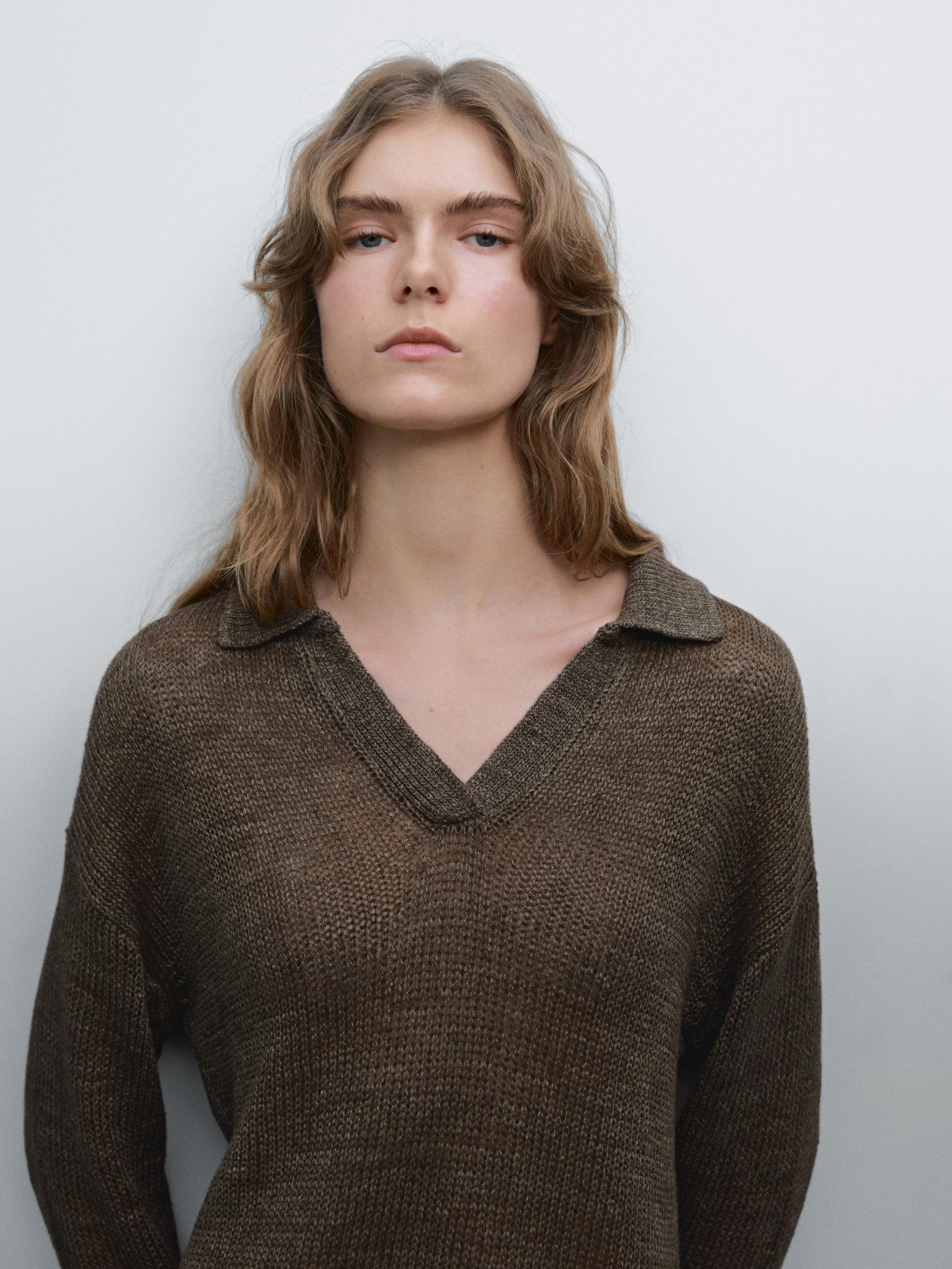 Pull En Maille 100 % Lin À Col Polo - Vert - Xs - Massimo Dutti - Femme