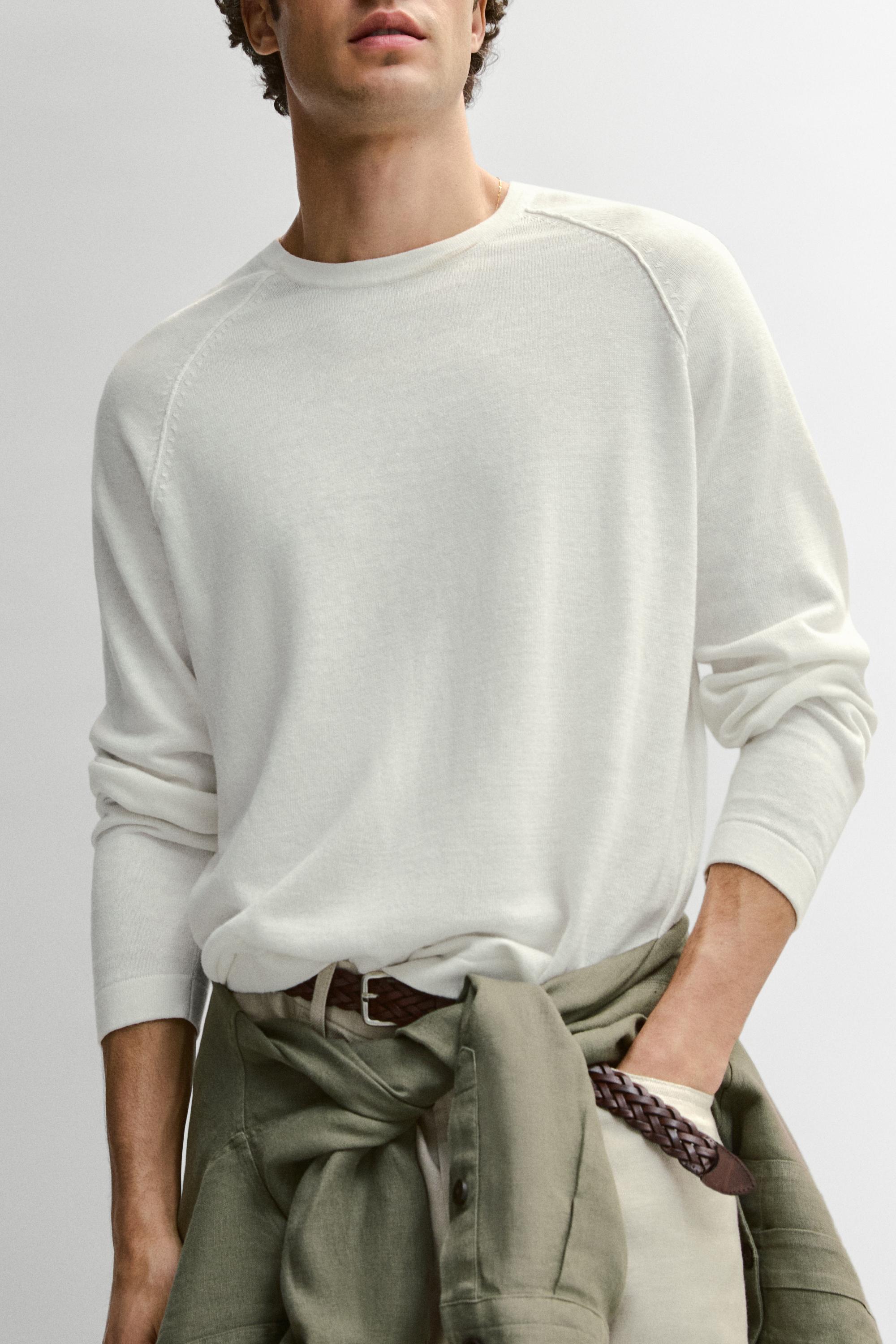 Linen blend knit crew neck sweater — CREAM