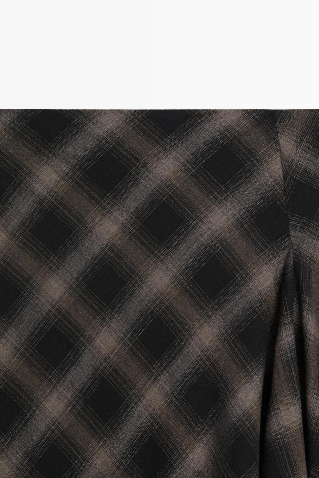 Wool-cotton blend check midi skirt with split — BLACK