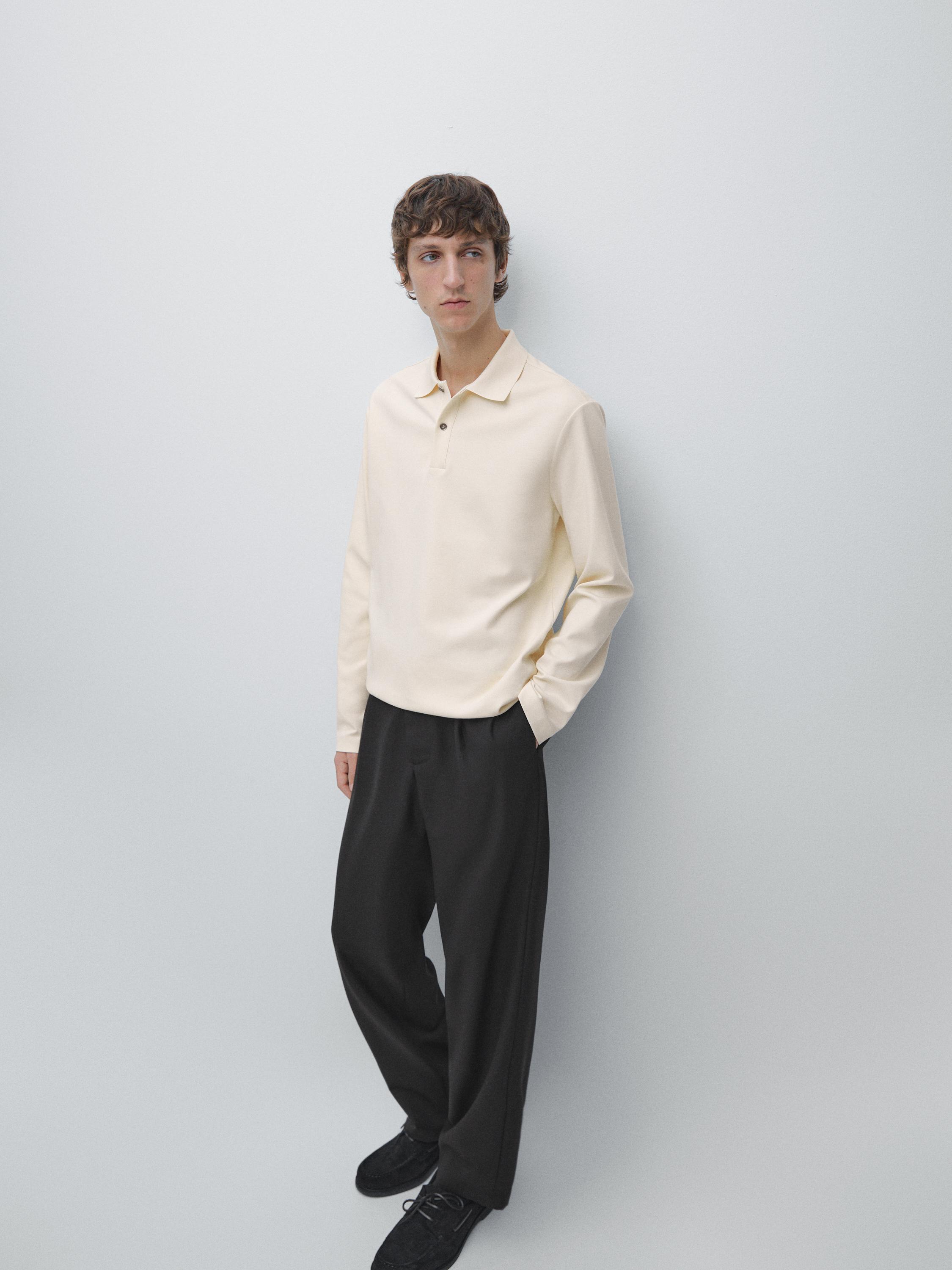 Long sleeve polo shirt with ribbed detail — CREAM