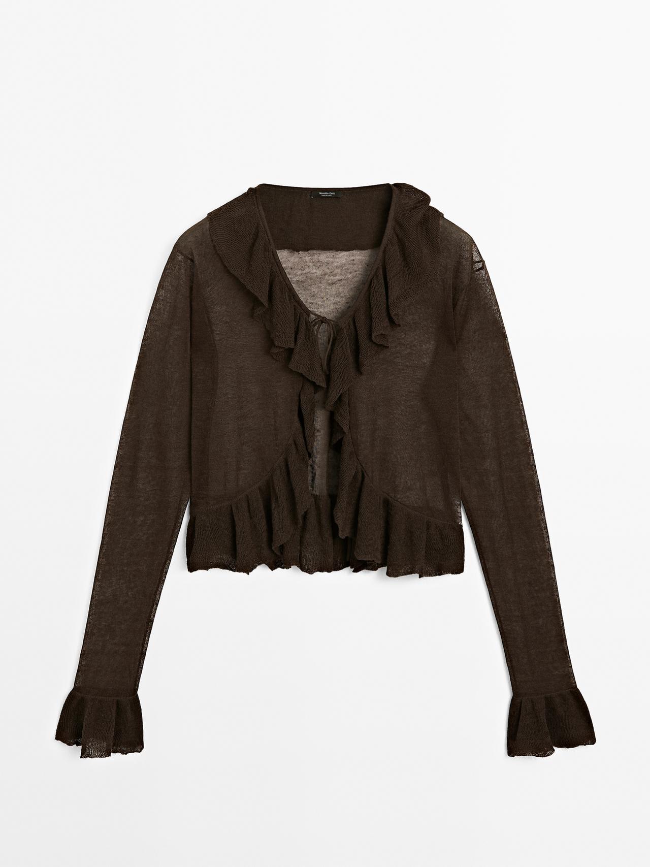 Massimo Dutti - Dame - Cardigan I Hørblanding Med Flæser - Brun - S