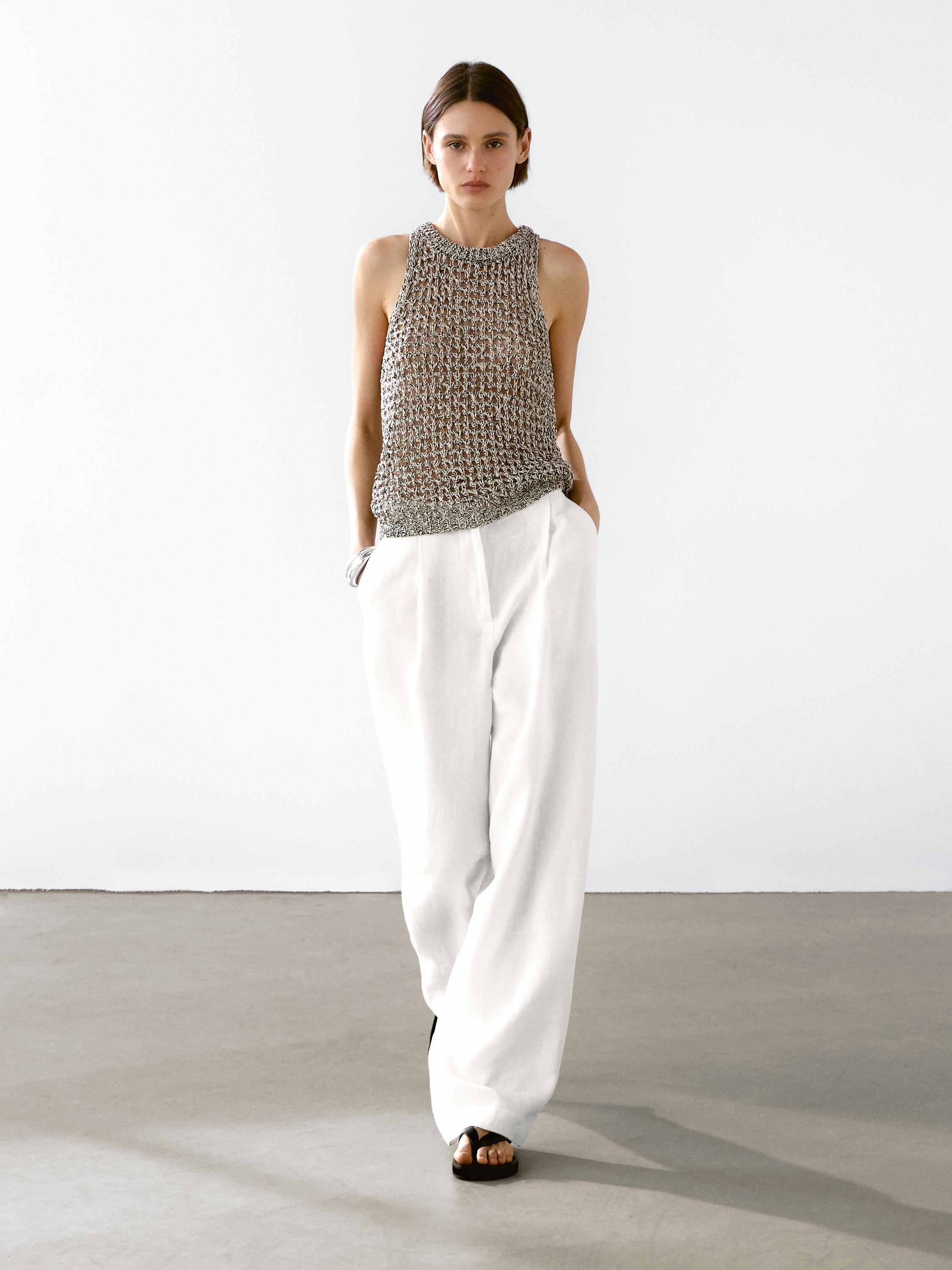 Openwork cotton blend halter top