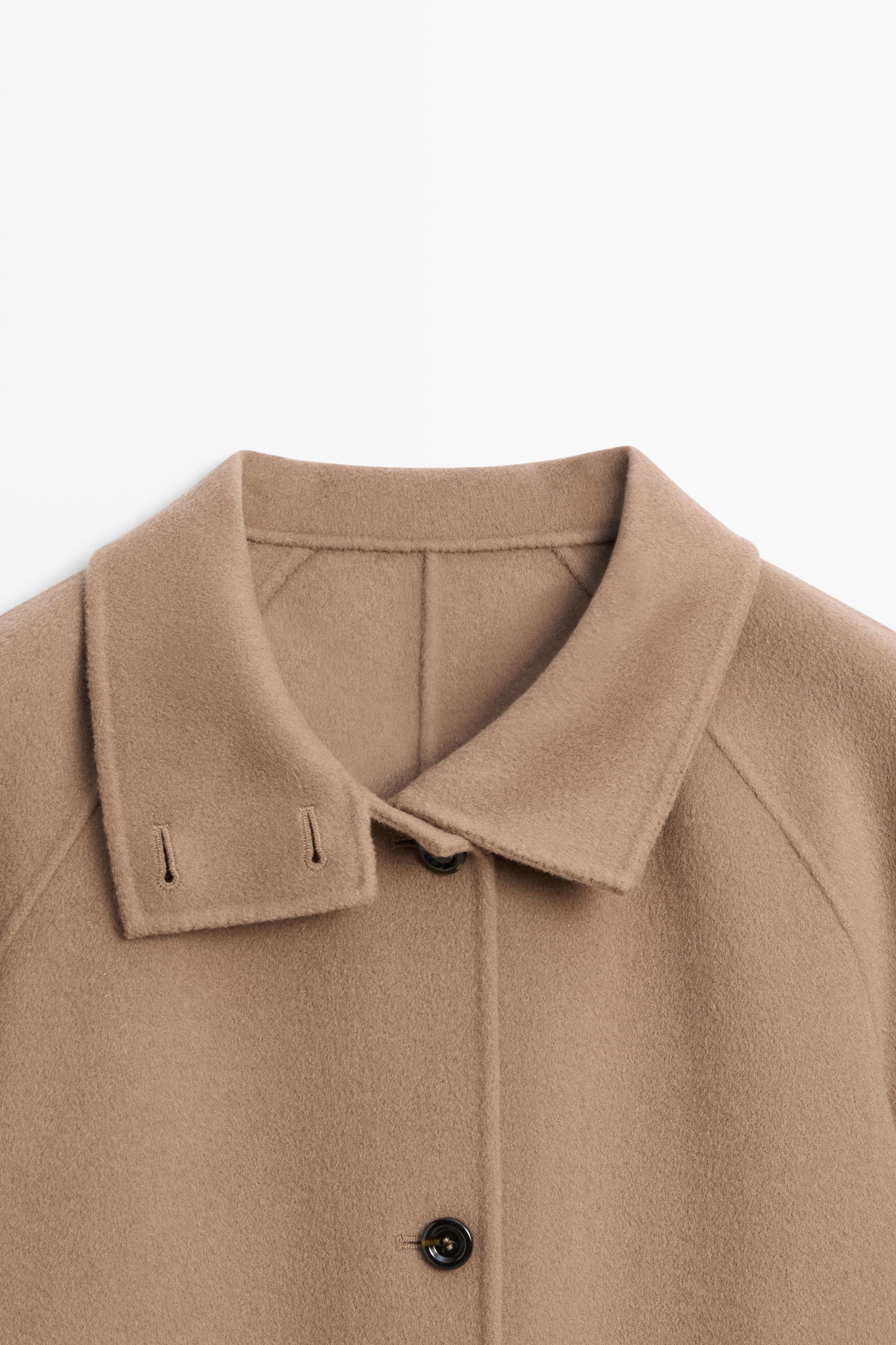 Short stand-up collar wool blend coat — Khaki