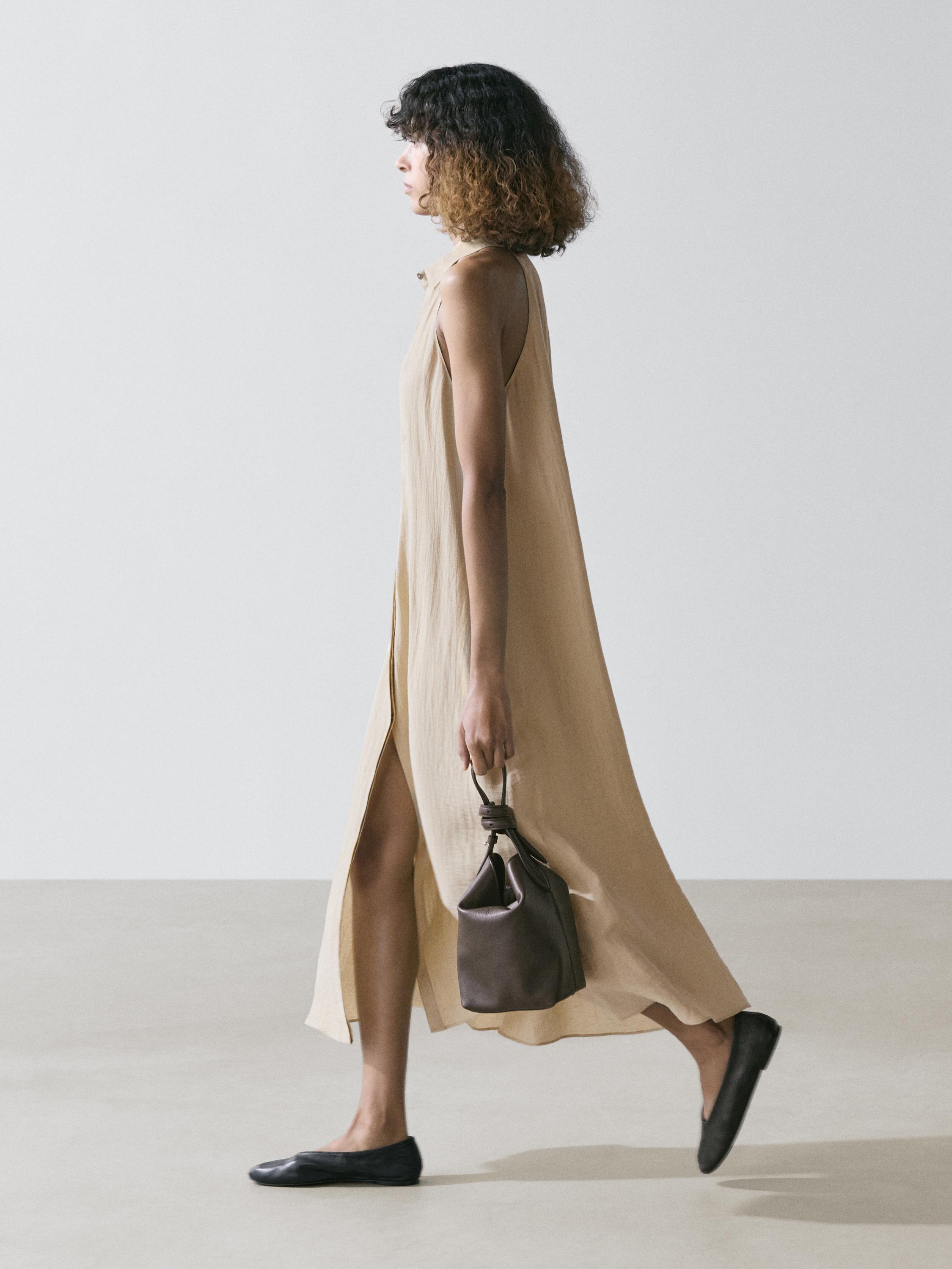 Linen blend polo collar midi dress — CREAM