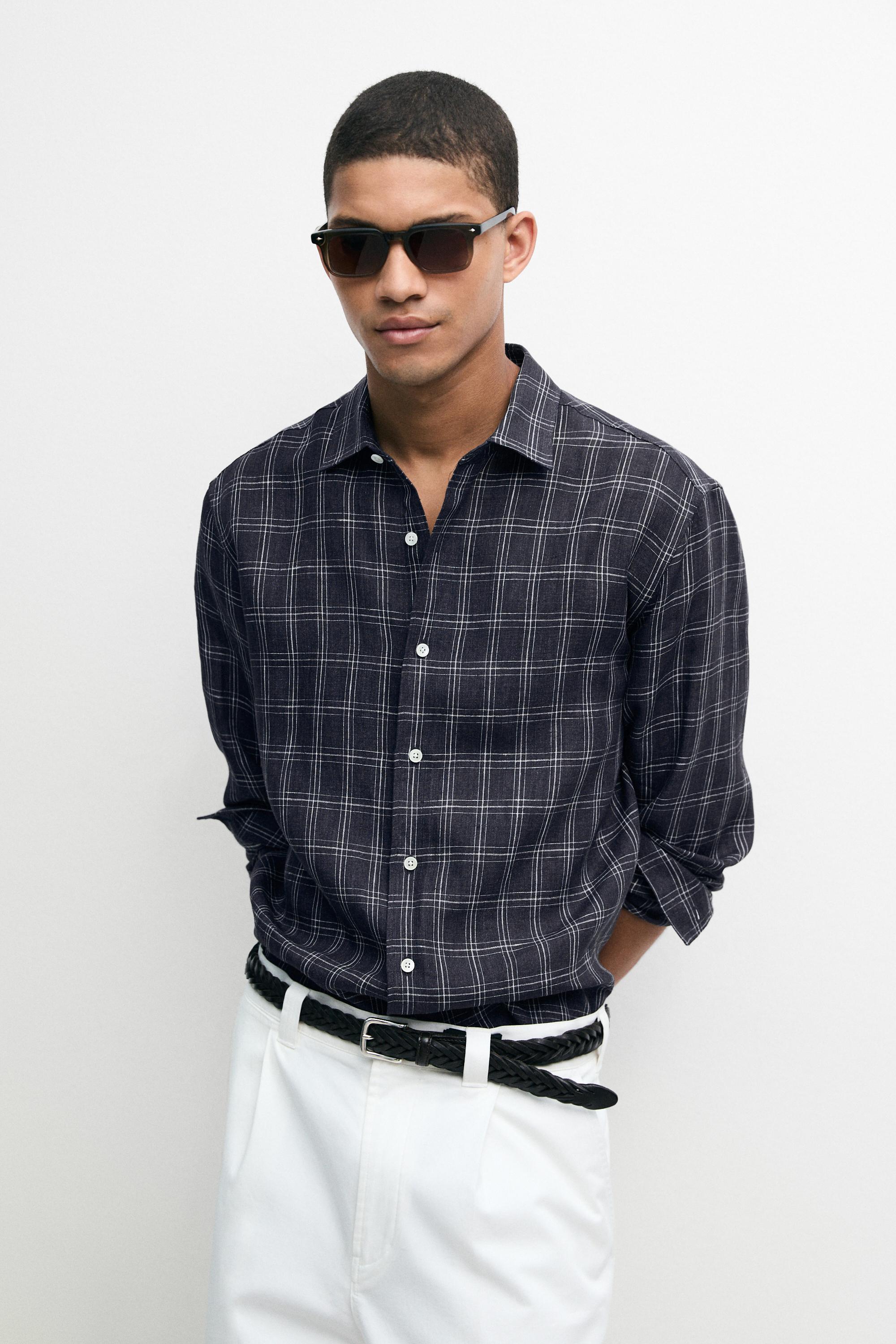 Camisa regular fit cuadros 100% lino