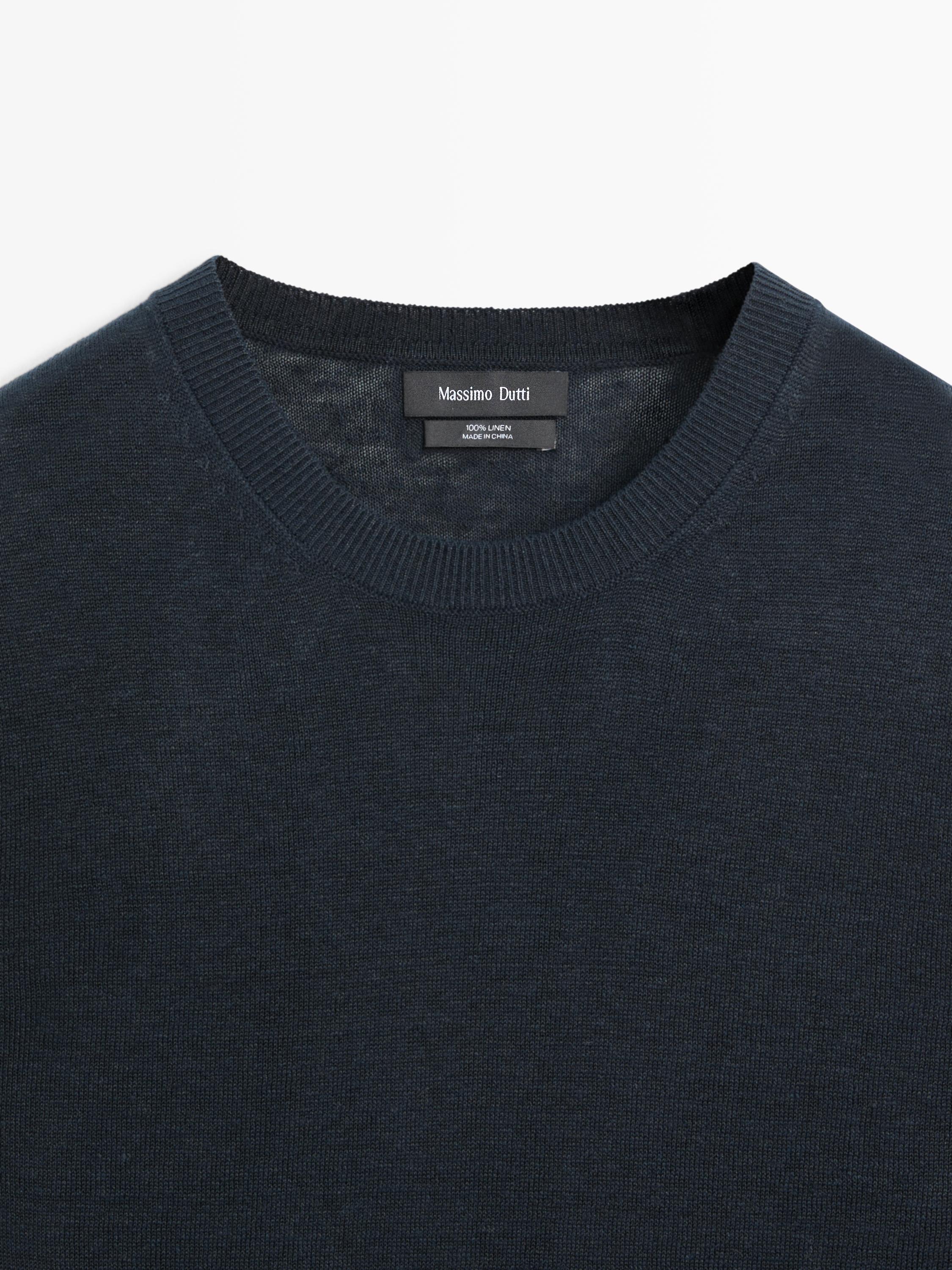 100% linen knit crew neck sweater — NAVY BLUE