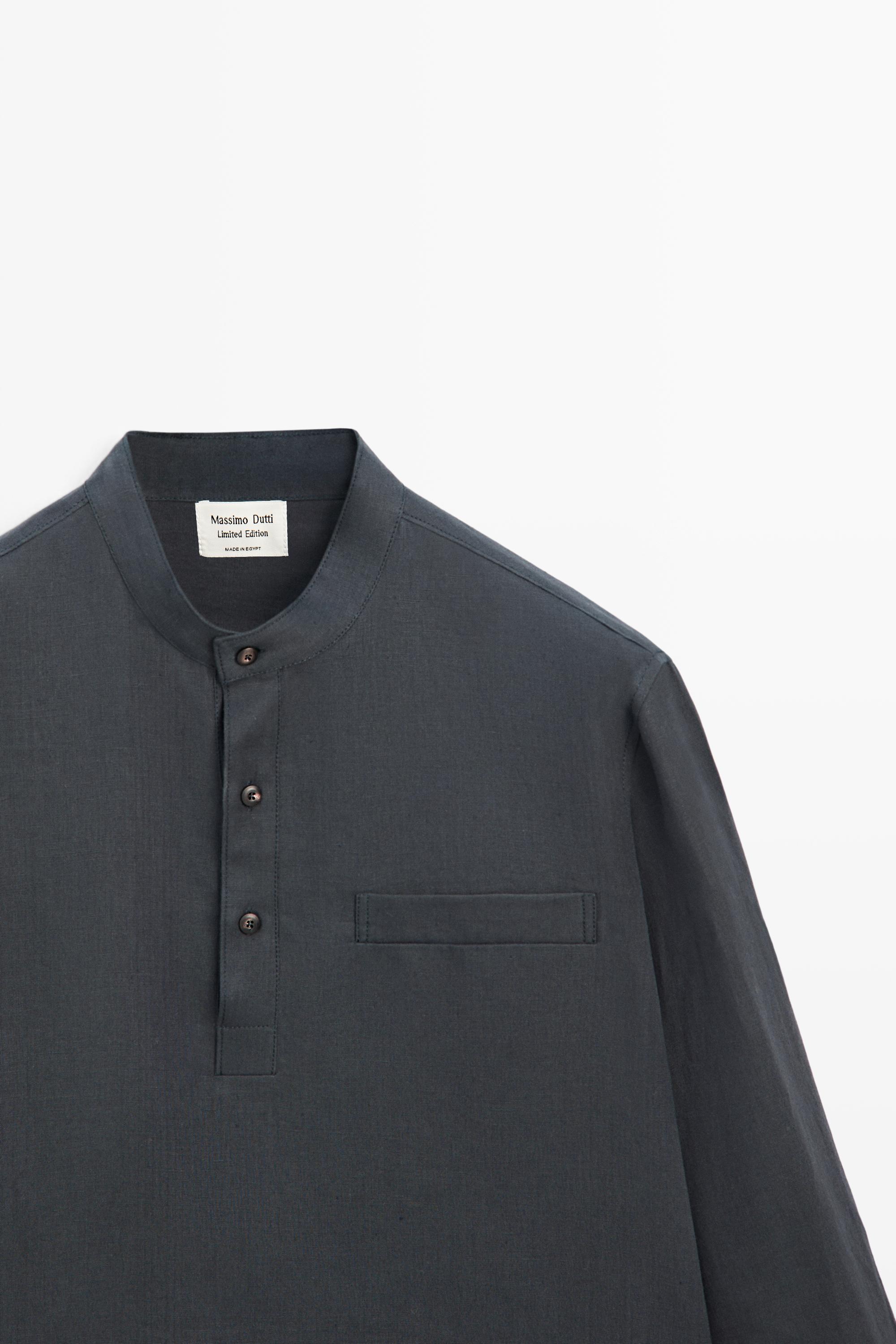 Linen button-up shirt with stand collar - LIMITED EDITION — NAVY BLUE