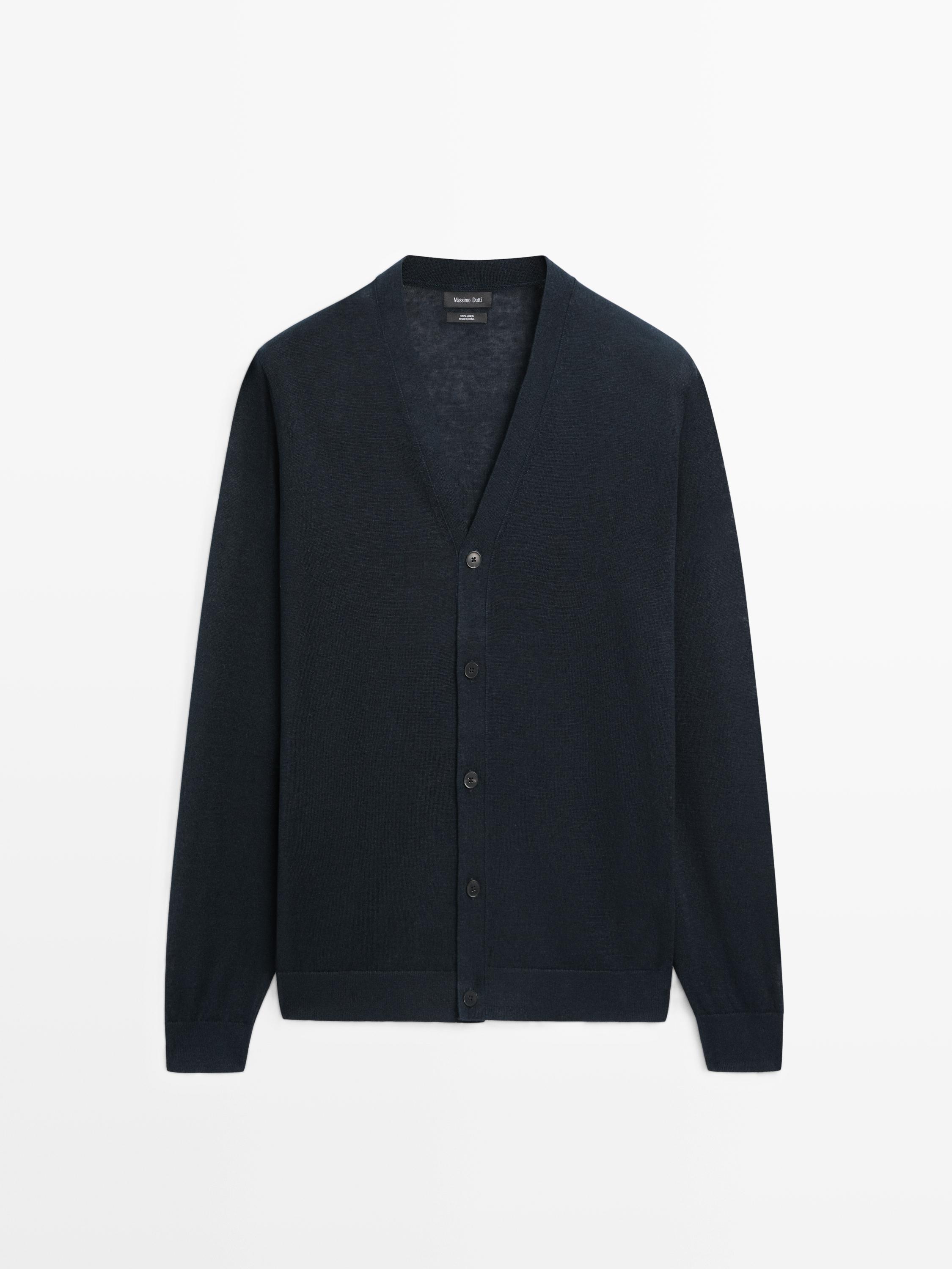 Linen knit cardigan with buttons — NAVY BLUE