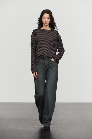 Striped knit sweater with mock turtleneck — MOLE BROWN 1