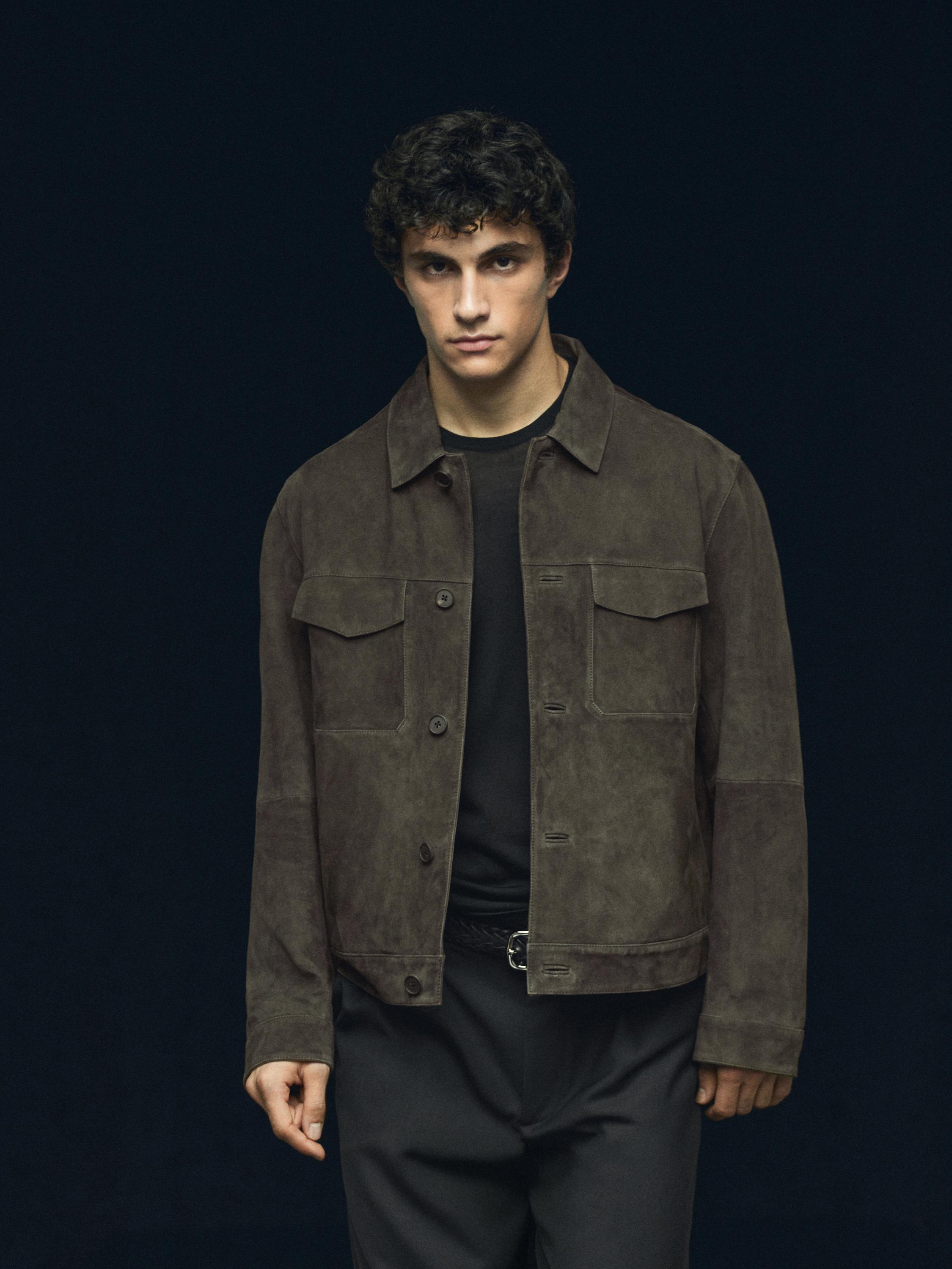 Suede leather jacket with pockets — BLUISH GREY