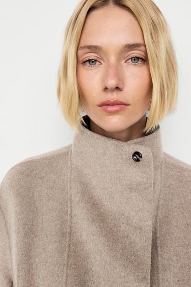 Short wool-blend coat with crossover collar — TAUPE GREY 8