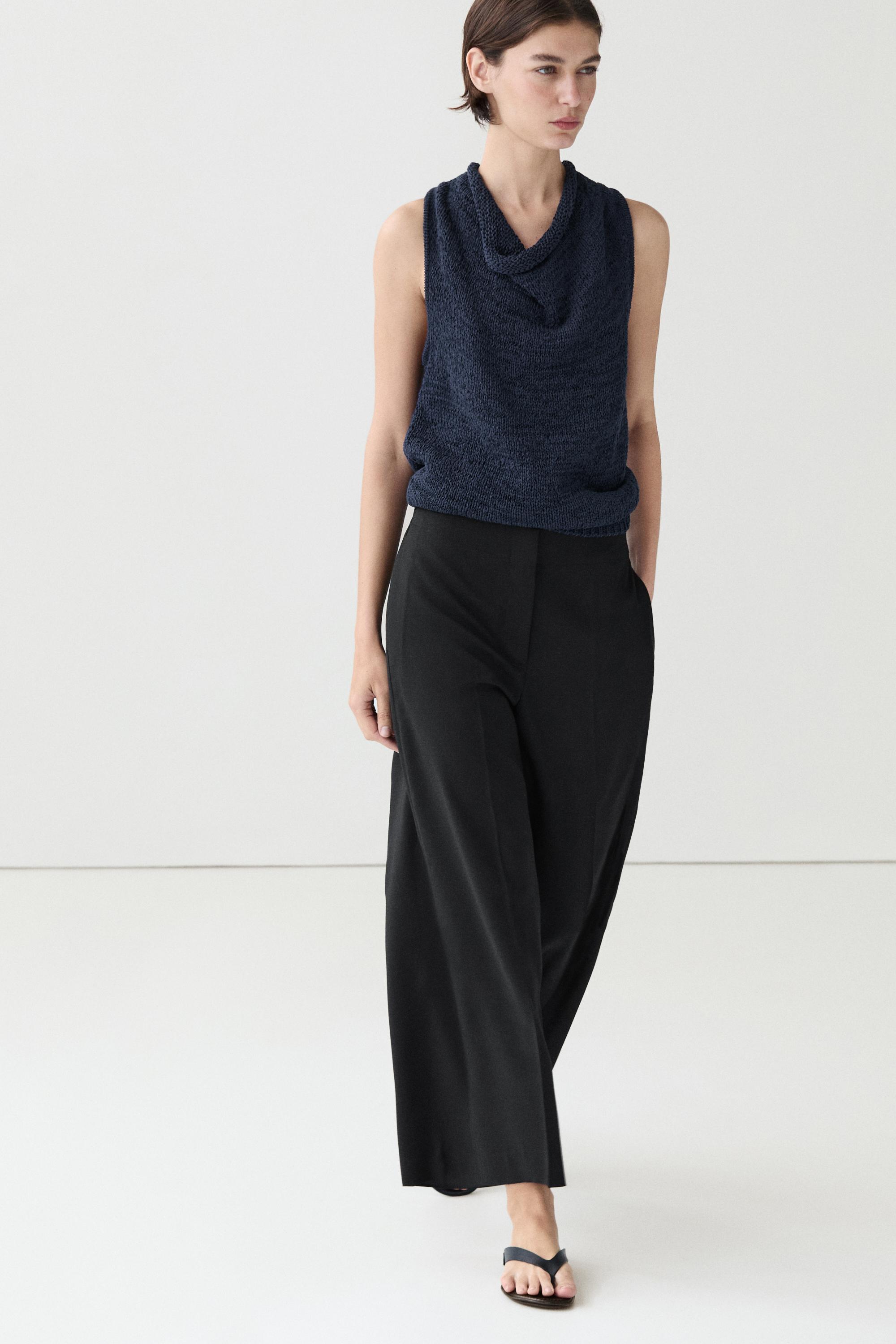 Wide-leg cropped stretch wool trousers — BLACK