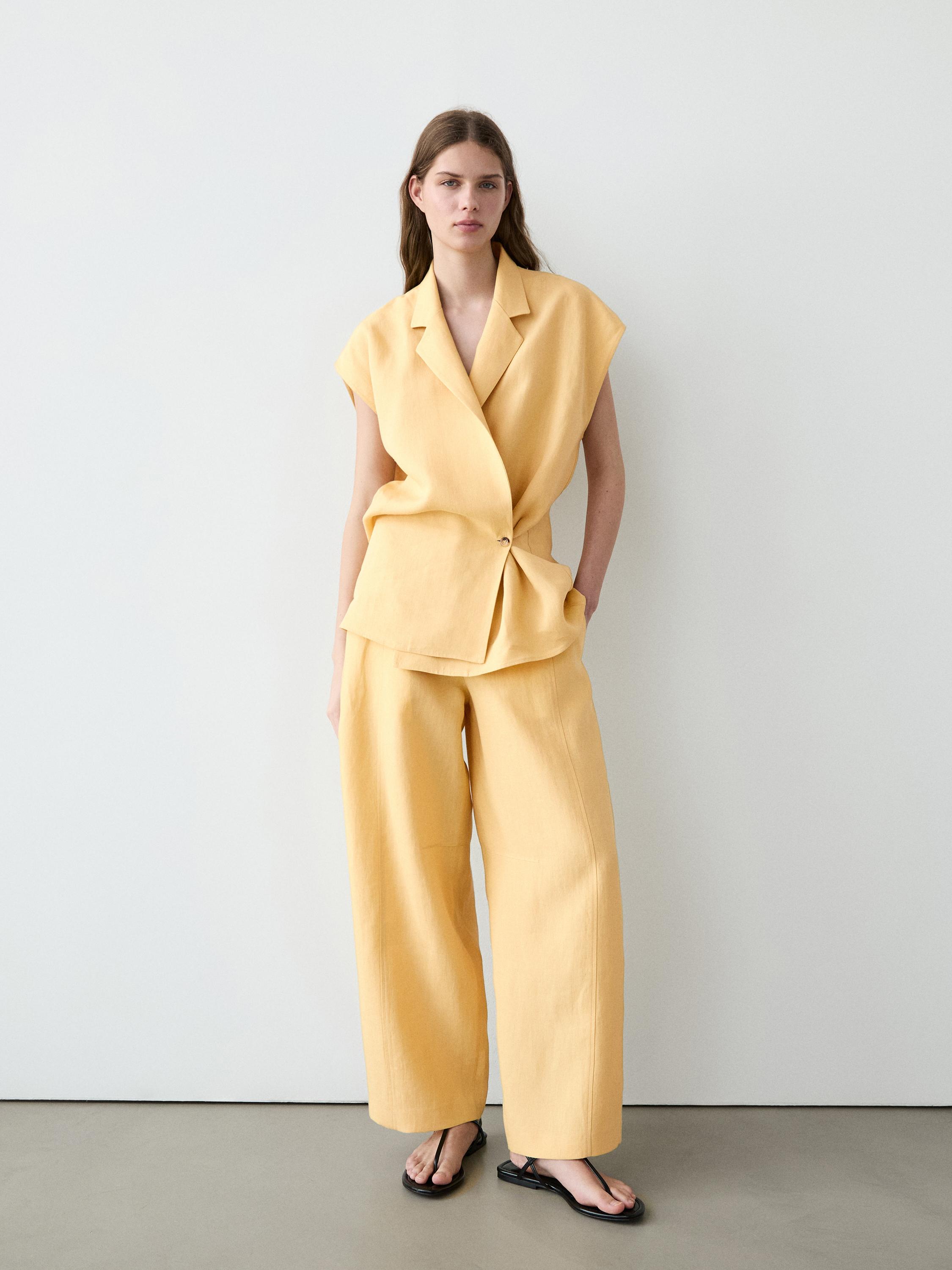 Linen double-breasted lapel vest — YELLOW
