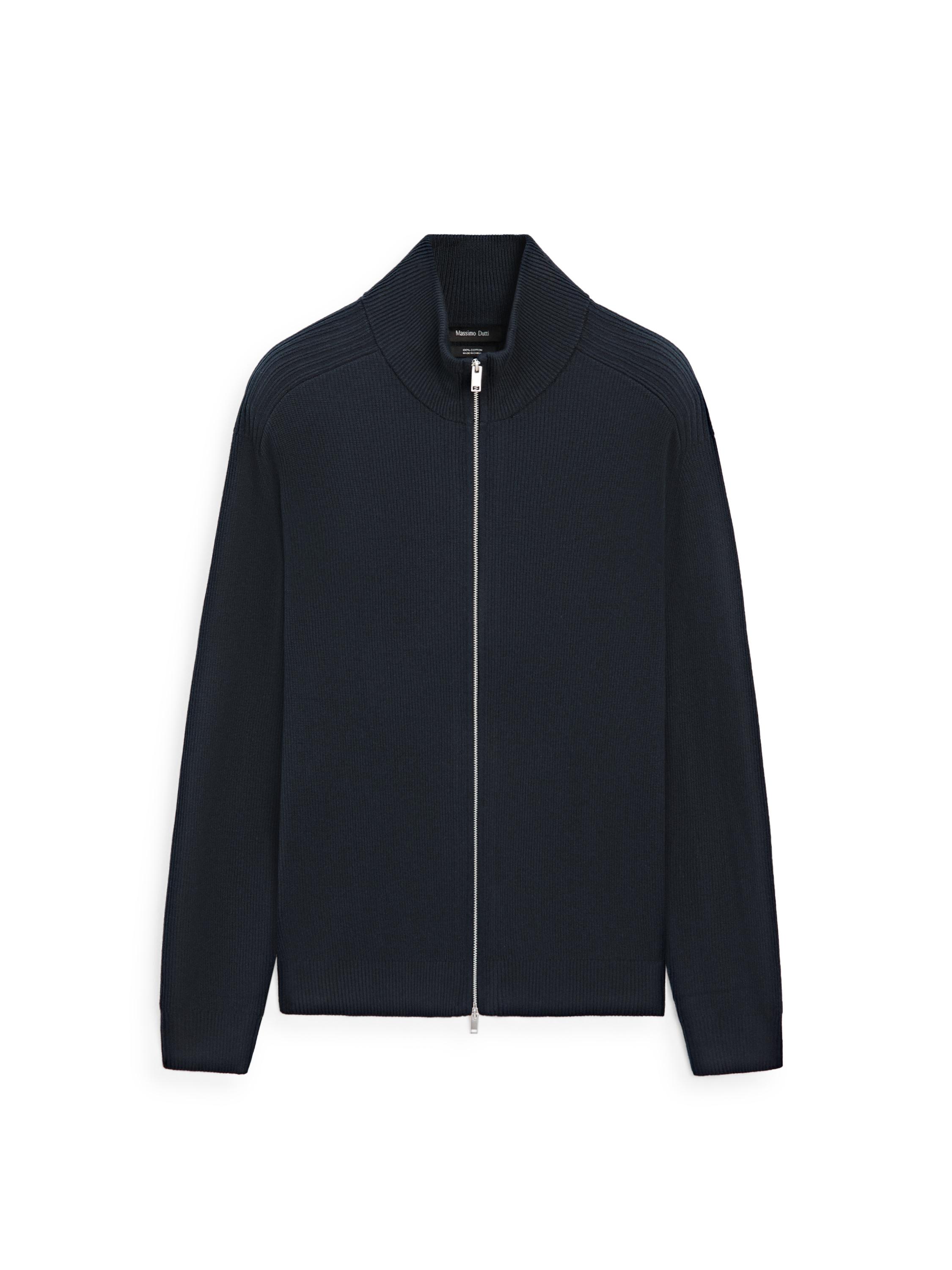 Cotton zip-up knit cardigan — NAVY BLUE