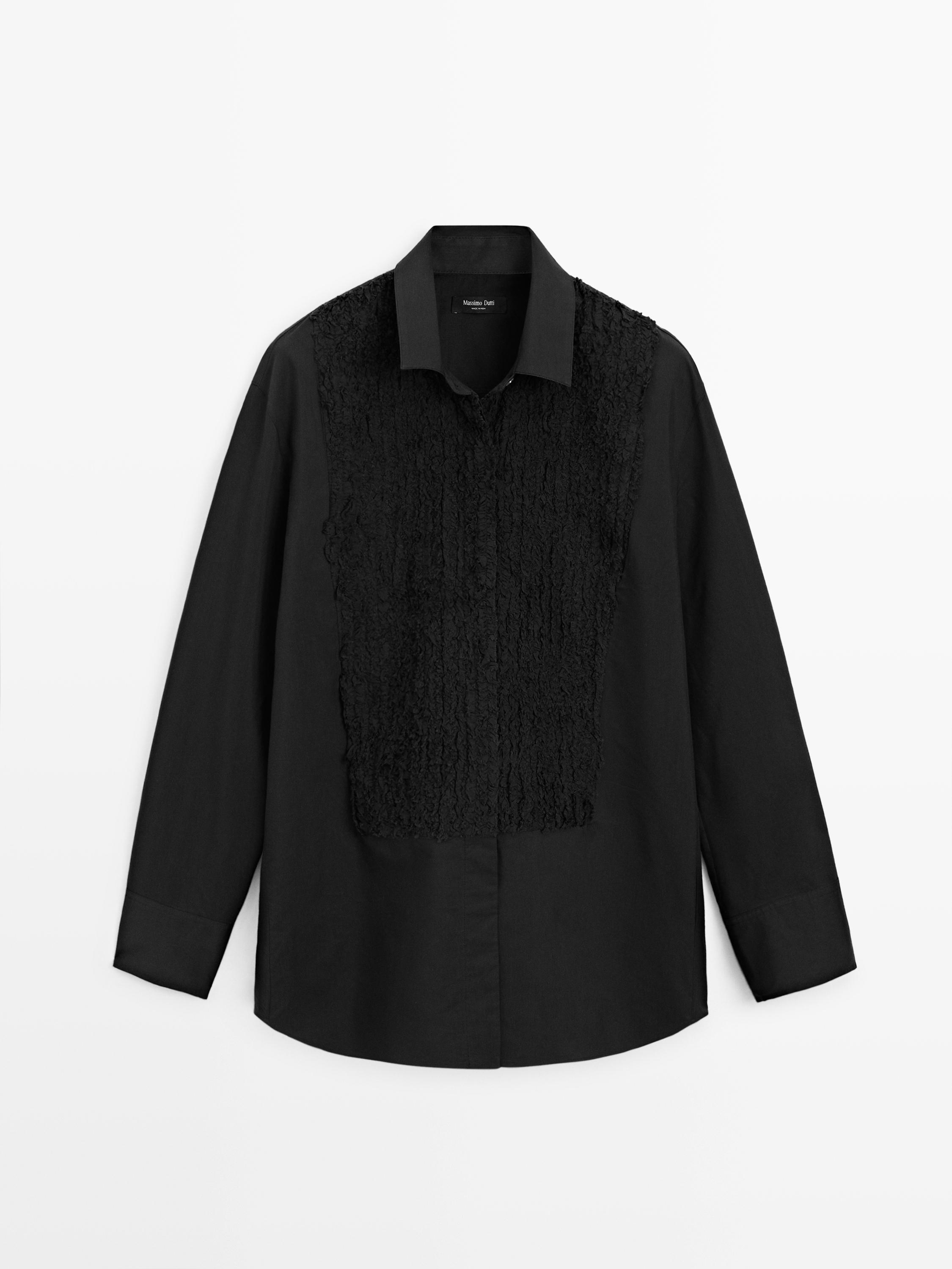 Bib front shirt with embroidered detail — BLACK