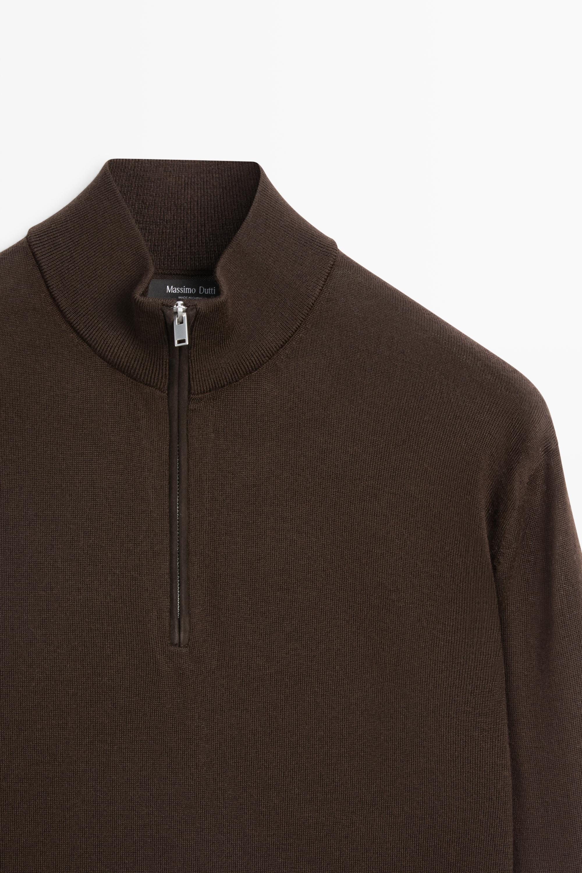 Merino wool blend mock neck knit sweater — BROWN