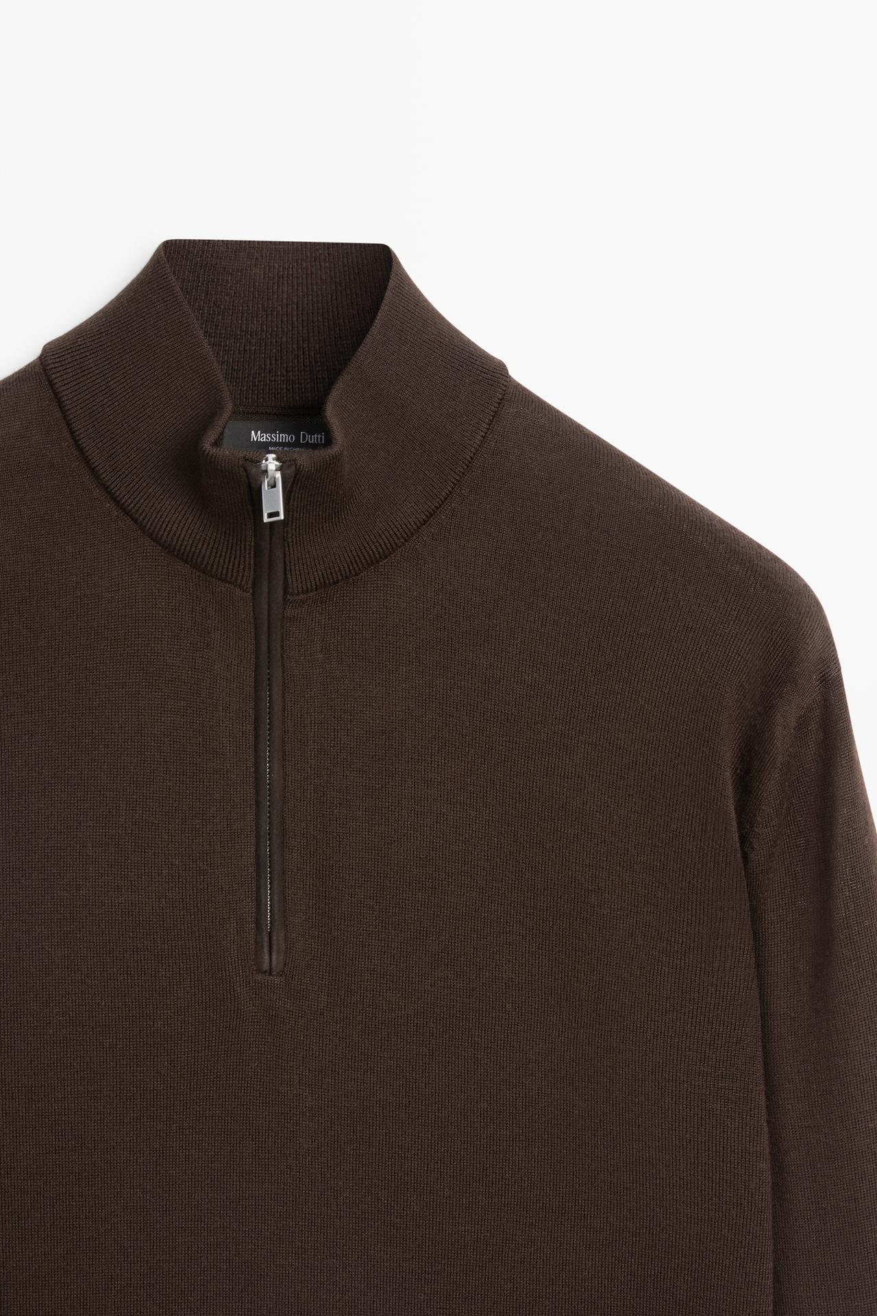 Merino wool blend mock neck knit sweater — BROWN
