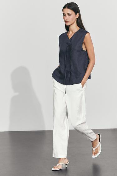 100% linen crossover top with button detail — NAVY BLUE 8