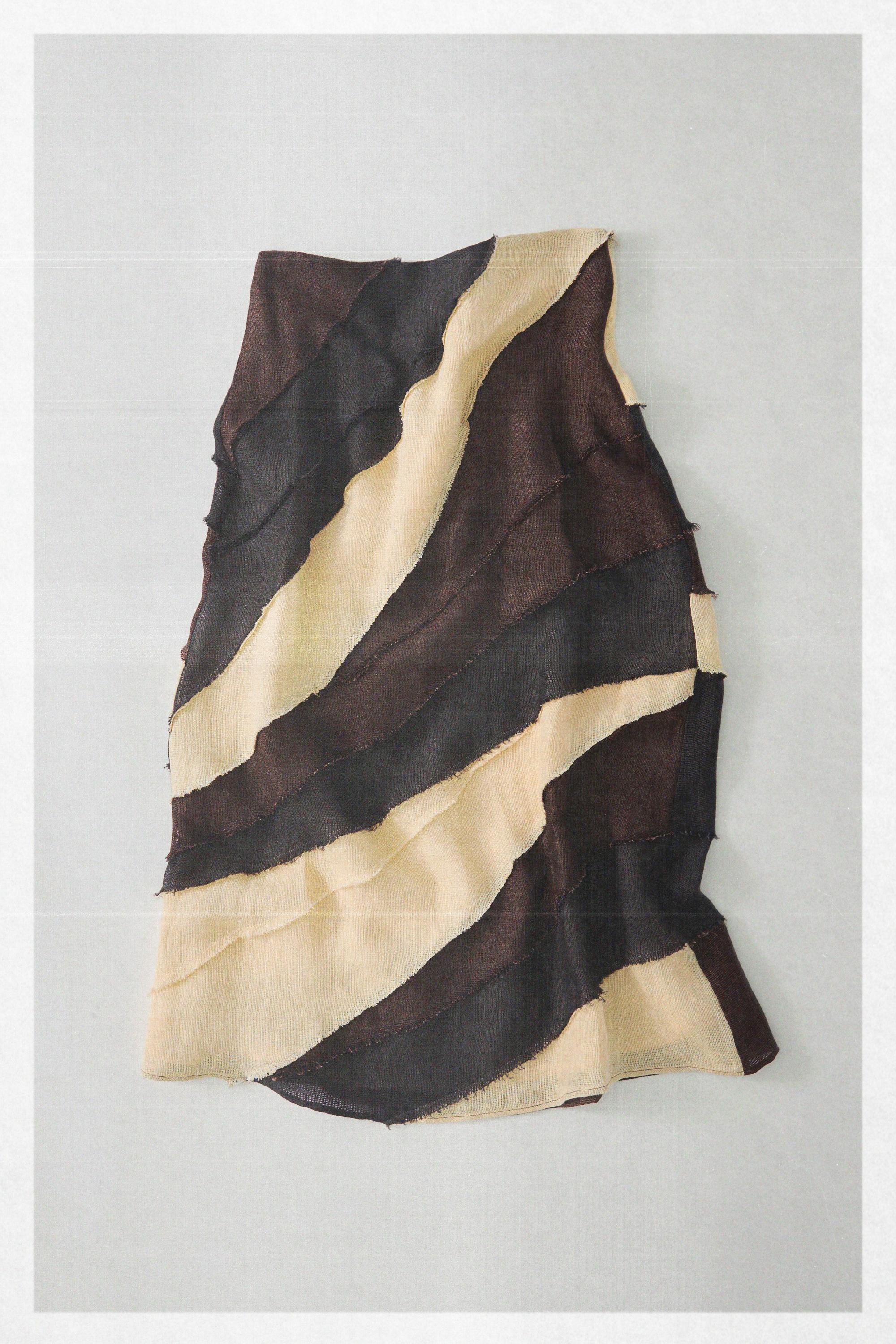 Layered contrast linen midi skirt — BROWN