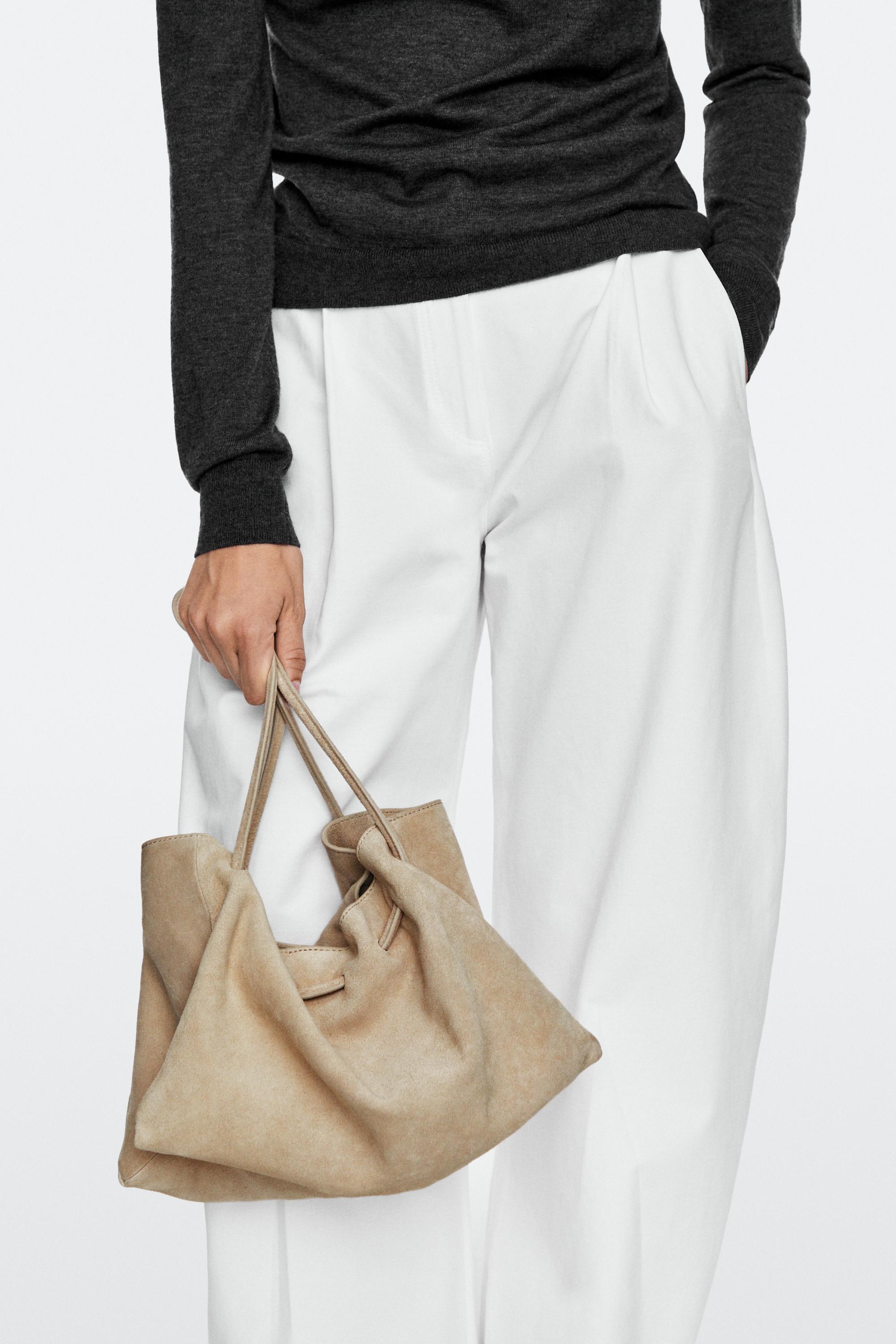 Ruched split suede leather bag — Ecru