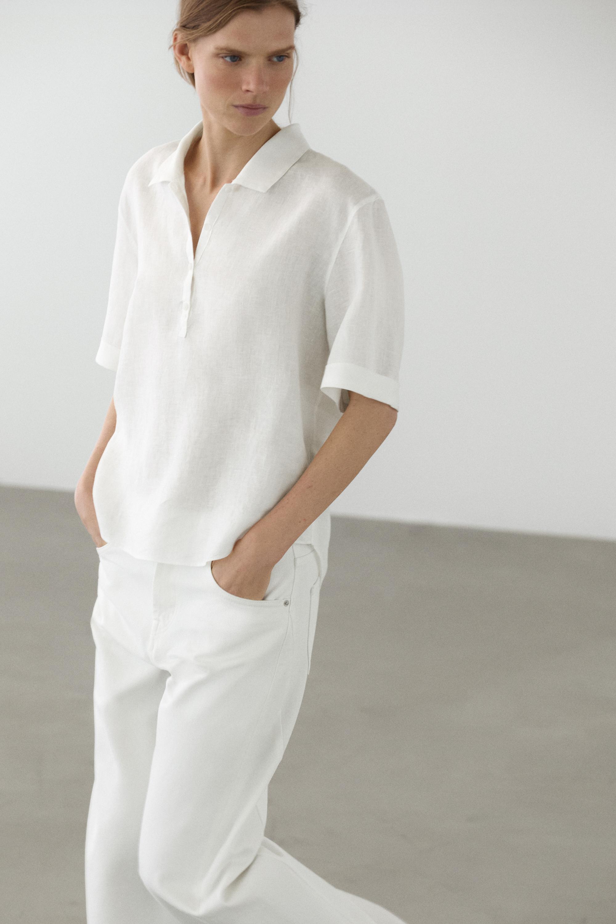 Kısa kollu keten polo yaka t-shirt