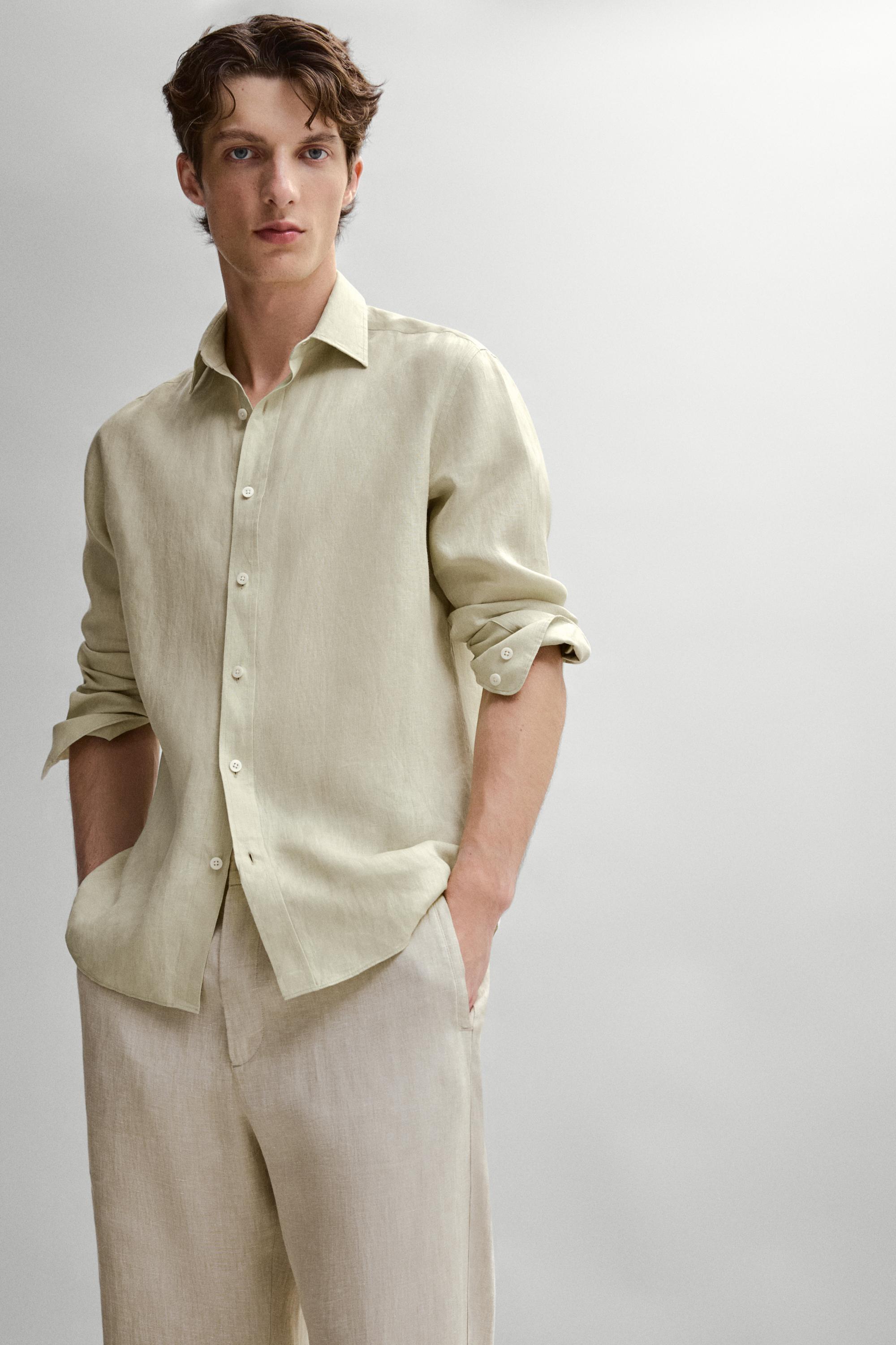 100% Linen Elastic-Waist Pants — BEIGE